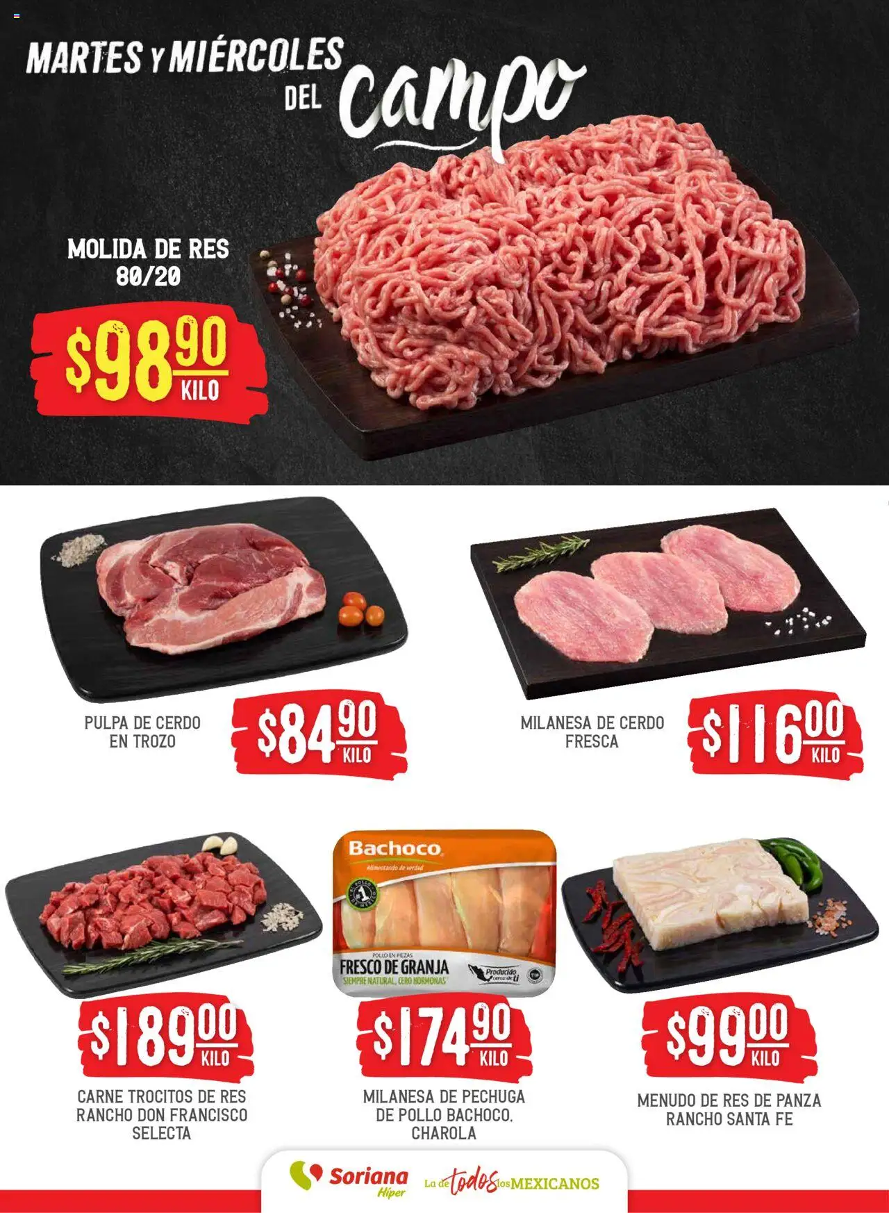 Nuevas ofertas de Soriana válidas en toda la República Mexicana desde el 05.08.2025. ¡Encuentra las mejores ofertas en Soriana - Martes y Miércoles del Campo Súper BCS, Son y Sin! | Página: 4 | Productos: Pollo, Milanesa, Cerdo, Res