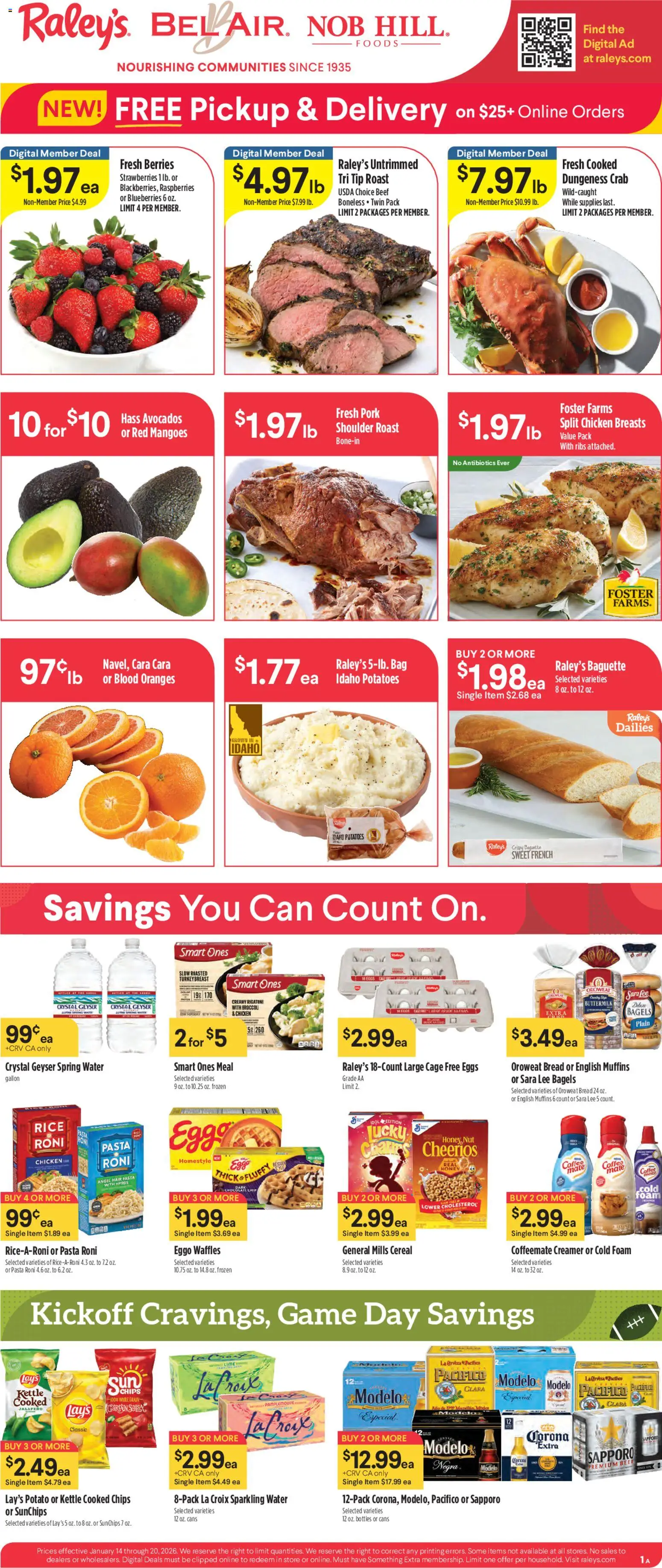 Raley's Weekly Ad - valid from 14.01.2026 | Page: 1 | Products: Broccoli, Beef, Chips, Blueberries