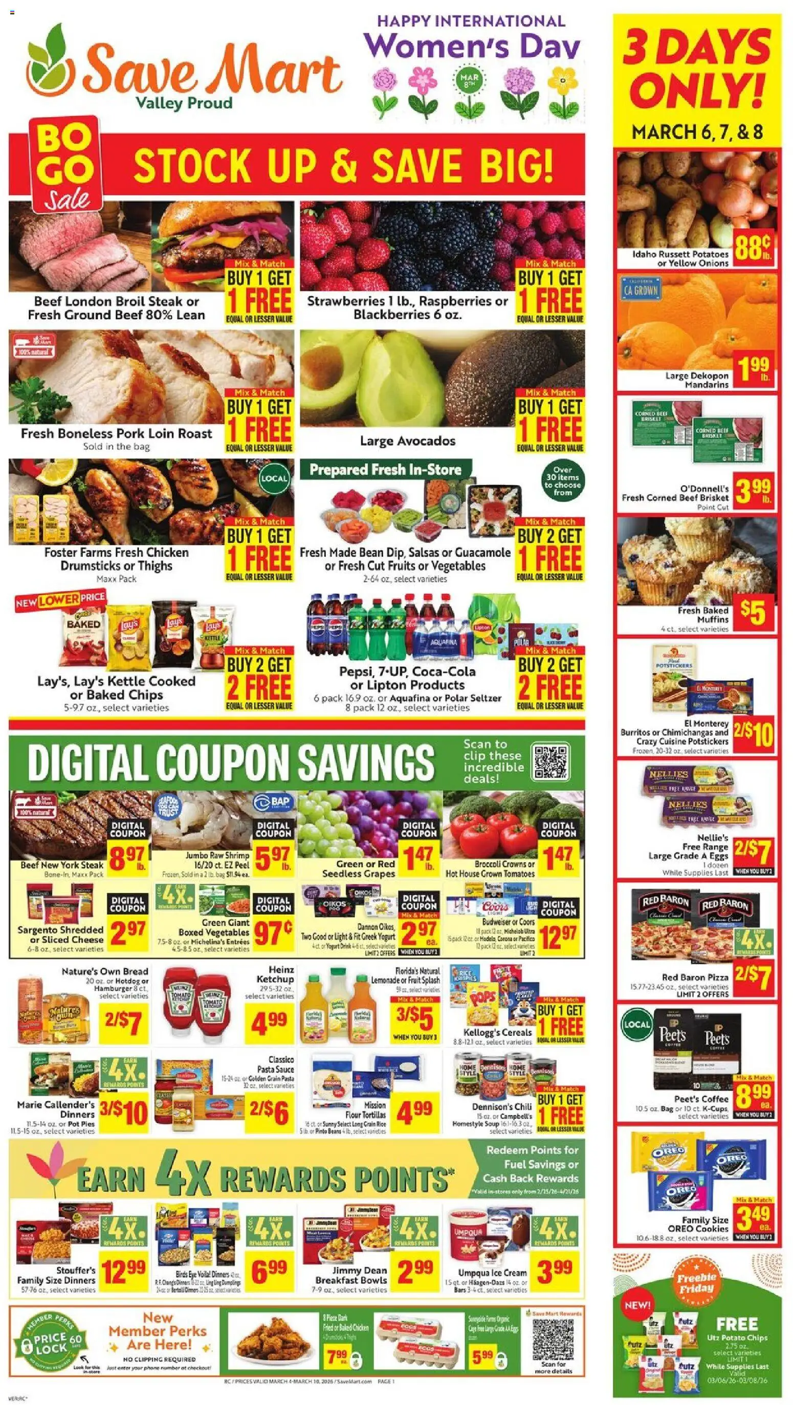 Save Mart Weekly - CA - valid from 04.03.2026 | Page: 1 | Products: Cheese, Pork, Bag, Kettle