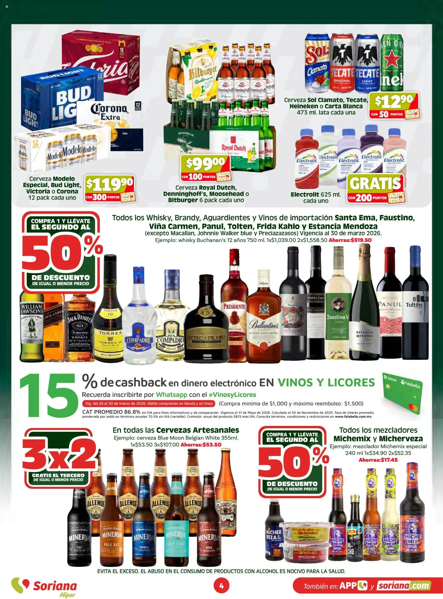 Nuevas ofertas de Soriana válidas en toda la República Mexicana desde el 26.03.2026. ¡Encuentra las mejores ofertas en Soriana folleto! | Página: 4 | Productos: Whiskey, Cerveza, Mezclador, Whisky