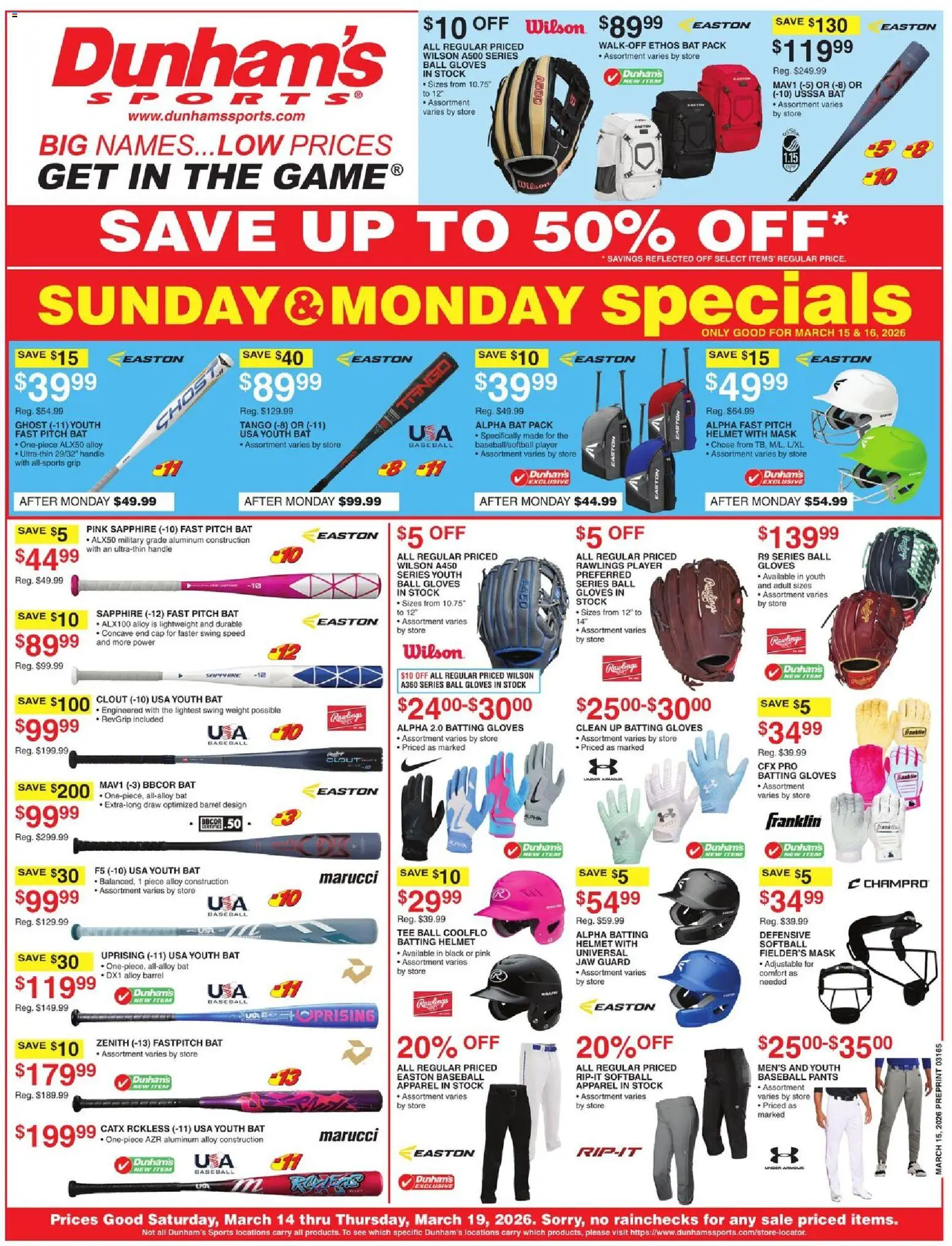 Dunham's Sports Weekly Ad - valid from 14.03.2026 | Page: 1 | Products: Mask, Pants, Player, Weight