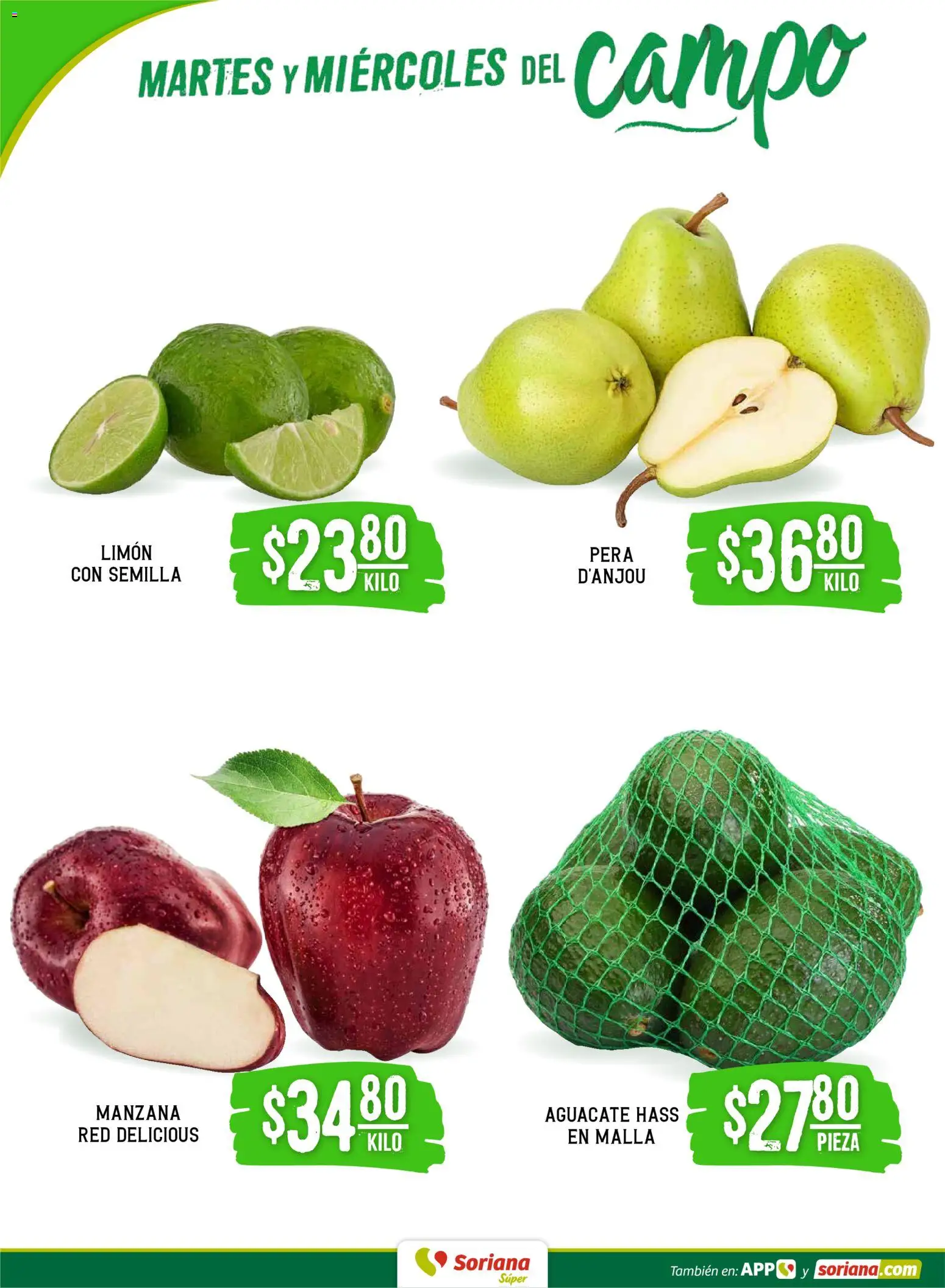 Nuevas ofertas de Soriana válidas en toda la República Mexicana desde el 20.01.2026. ¡Encuentra las mejores ofertas en Soriana - Martes y Miércoles del Campo Súper: Ver, Tab, Chis, Camp, Yuc y Q. Roo! | Página: 2 | Productos: Pera, Manzana, Limón, Malla