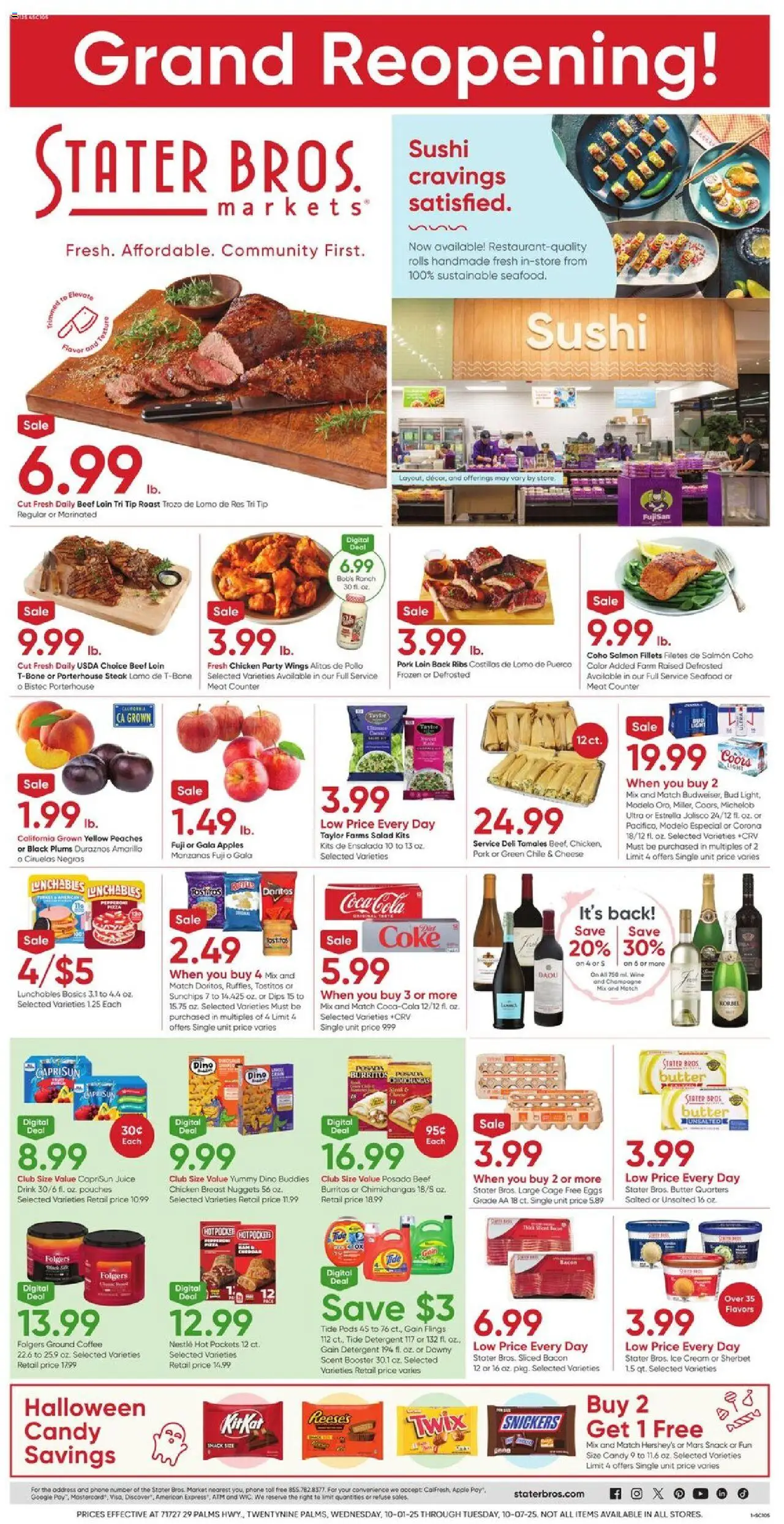 Stater Bros Weekly Ad - valid from 01.10.2025 | Page: 1 | Products: Cheese, Apples, Ice cream, Seafood