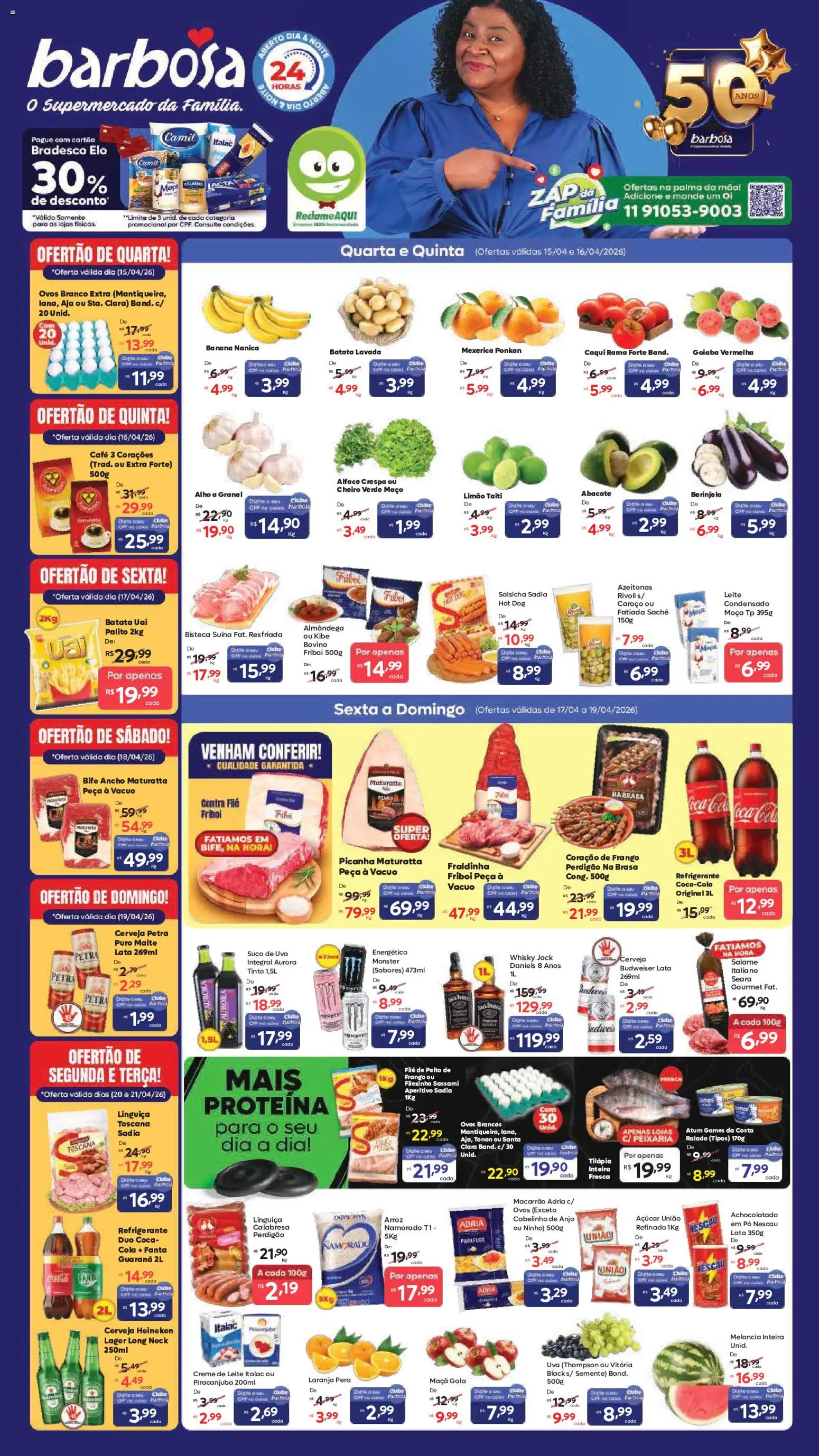 Barbosa Supermercados Folheto - válido de 15.04.2026 | Página: 1 | Produtos: Berinjela, Fanta, Coração de frango, Refrigerante