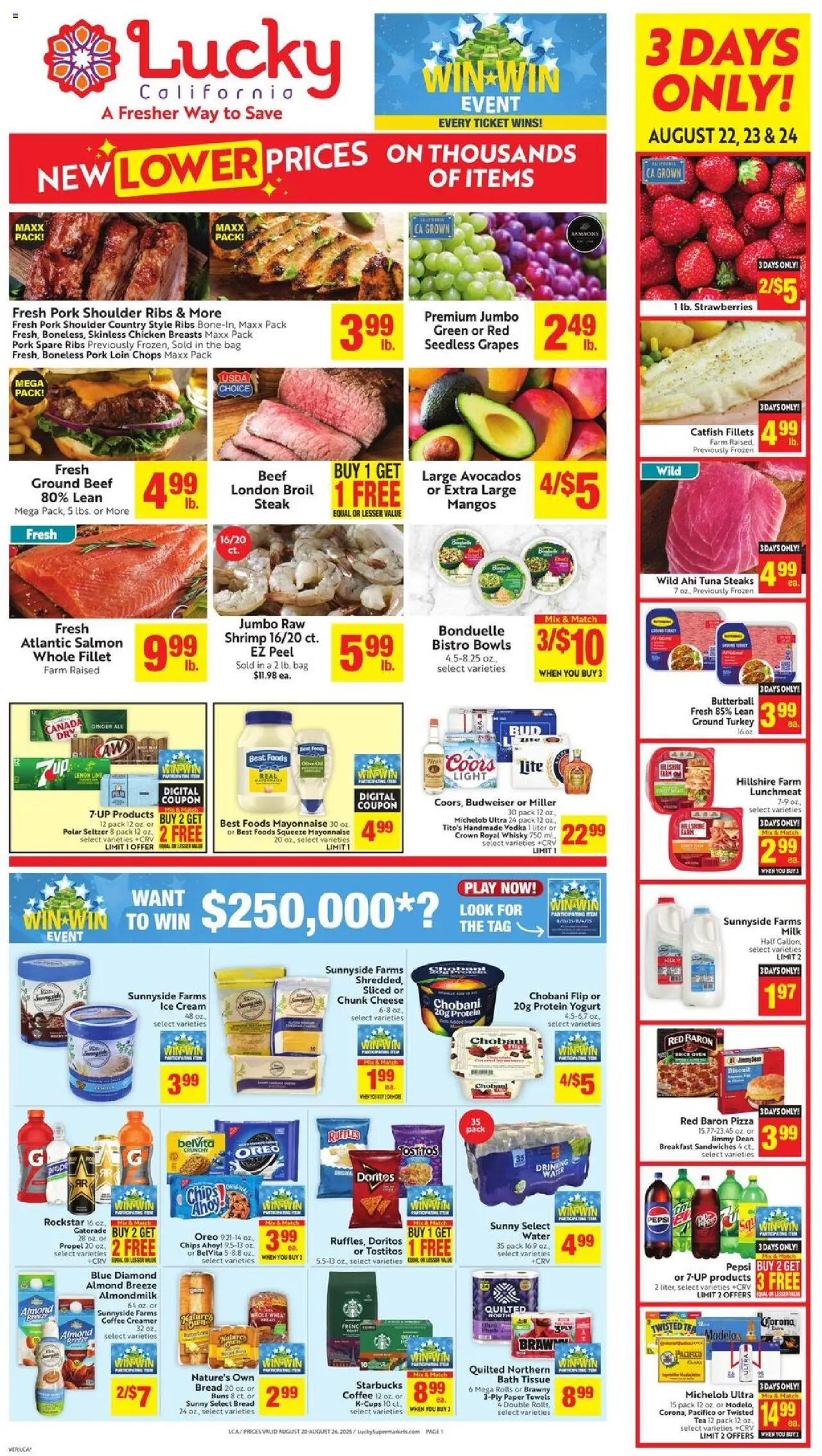 Lucky Supermarkets Weekly Ad - valid from 20.08.2025 | Page: 1 | Products: Milk, Coffee, Water, Bag