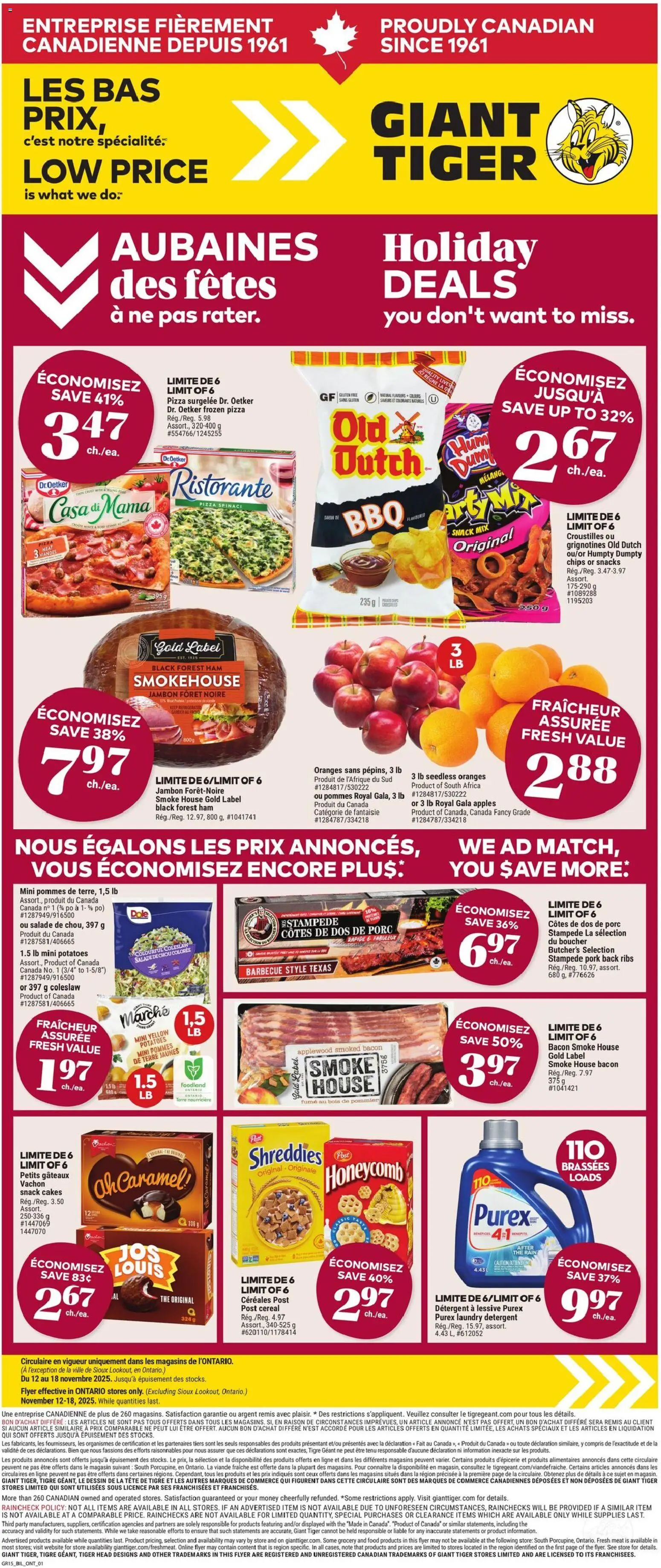 Giant Tiger flyer valid from 12.11.2025 | Page: 1 | Products: Chips, Potatoes, Ham, Pizza