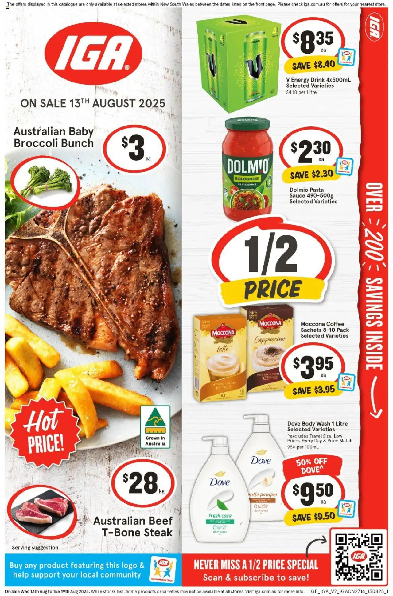 IGA catalogue - valid from 13.08.2025 | Page: 1 | Products: Energy drink, Steak, Sauce, Moccona
