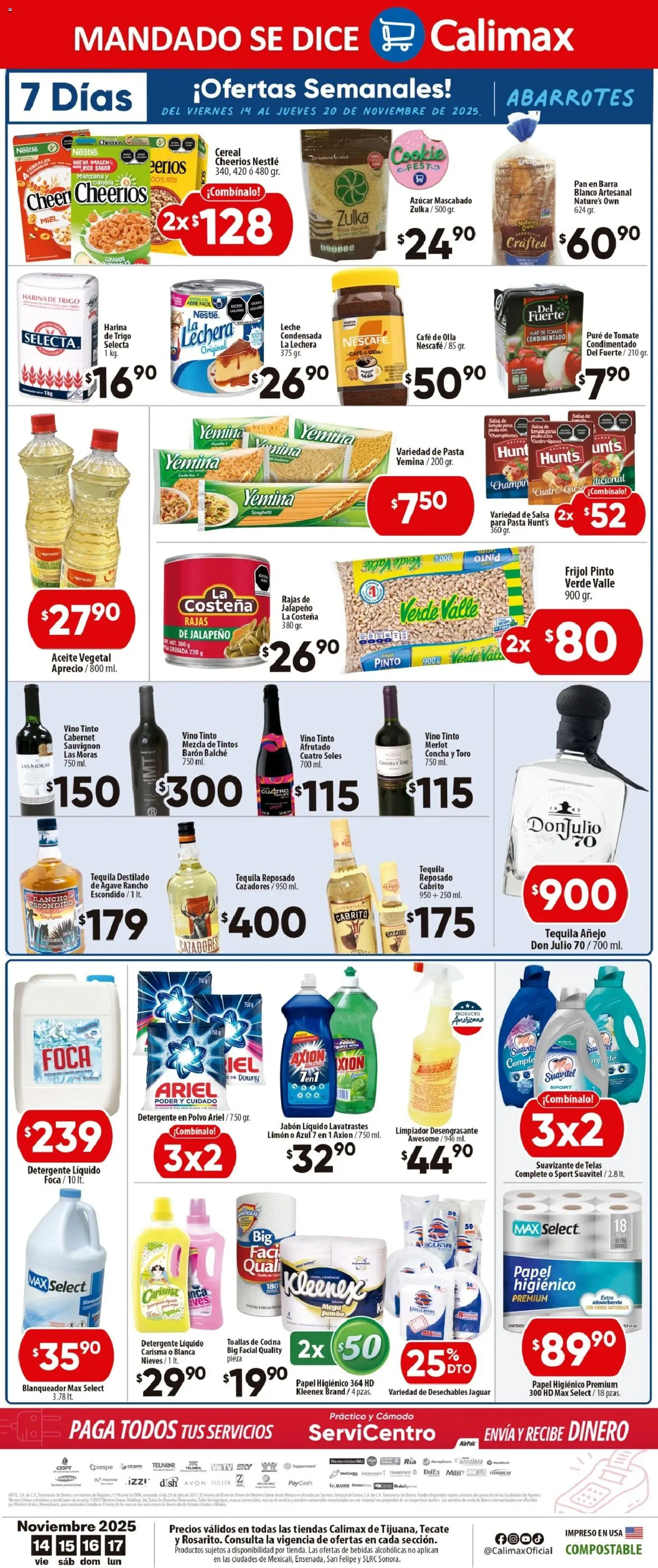 Nuevas ofertas de Calimax válidas en toda la República Mexicana desde el 14.11.2025. ¡Encuentra las mejores ofertas en Calimax folleto Rosarito! | Página: 6 | Productos: Aceite, Tequila, Toalla, Barra