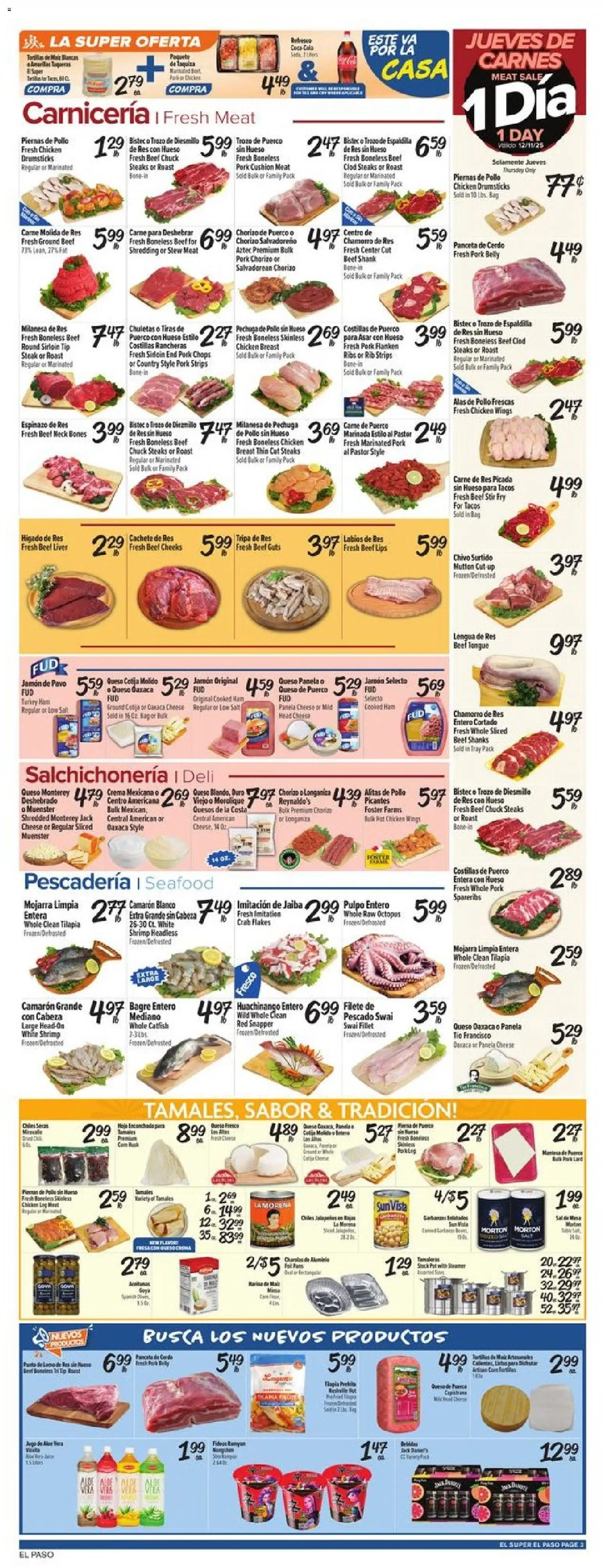 El Super Weekly Ad - TX - valid from 10.12.2025 | Page: 3 | Products: Cheese, Pork, Seafood, Bag