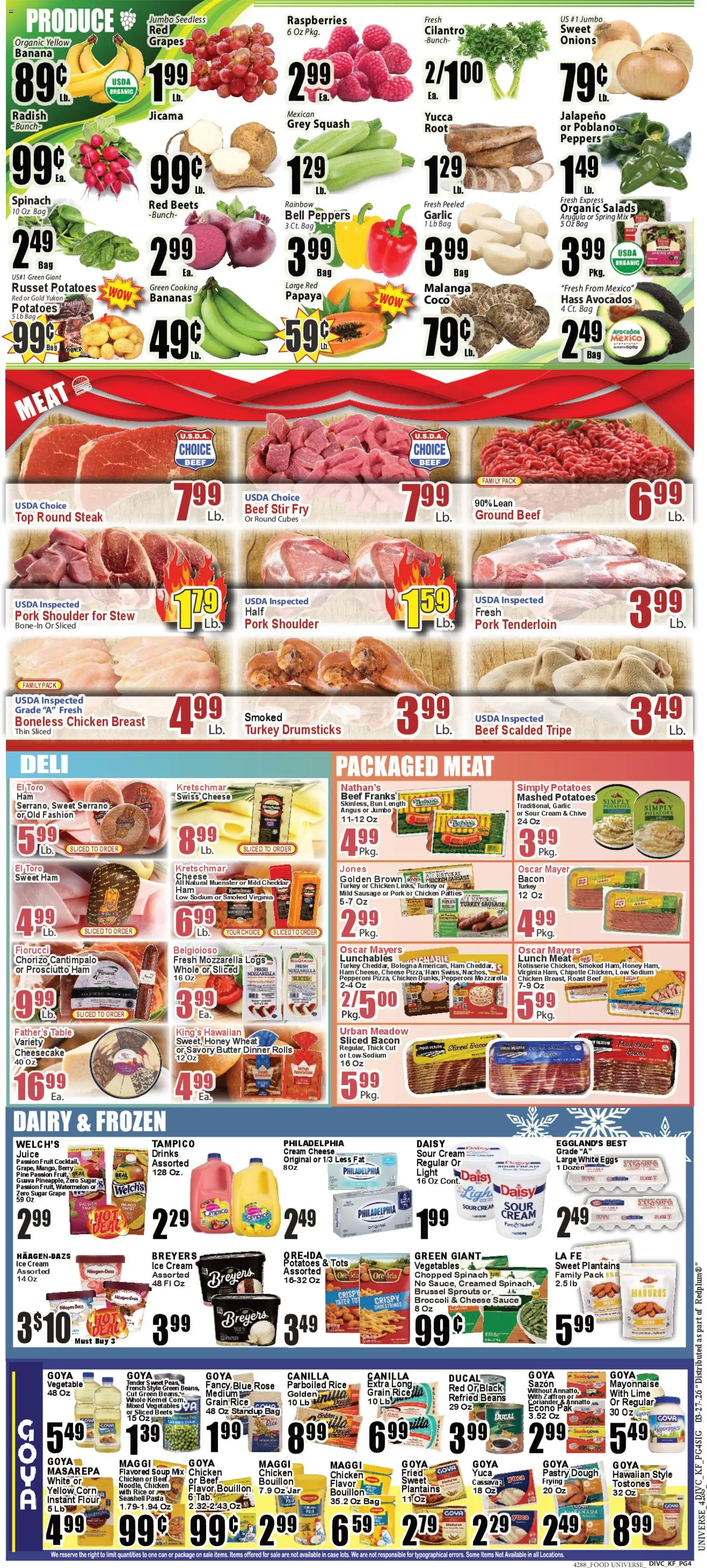 Food Universe Weekly Ad - valid from 27.03.2026 | Page: 4 | Products: Corn, Cheese, Sour cream, Potatoes