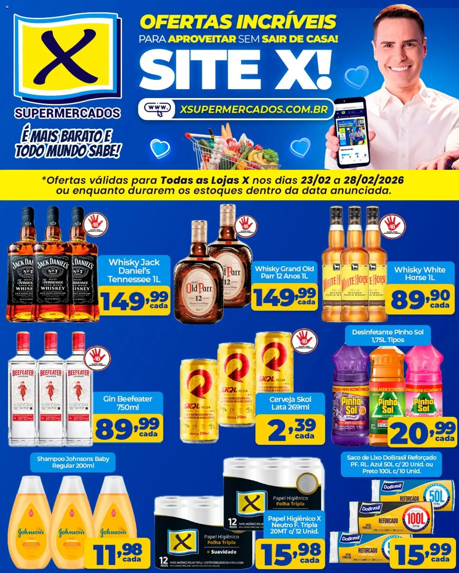 X Supermercados Folheto - válido de 23.02.2026 | Página: 2 | Produtos: Whisky, Cerveja, Gin, Papel higiênico