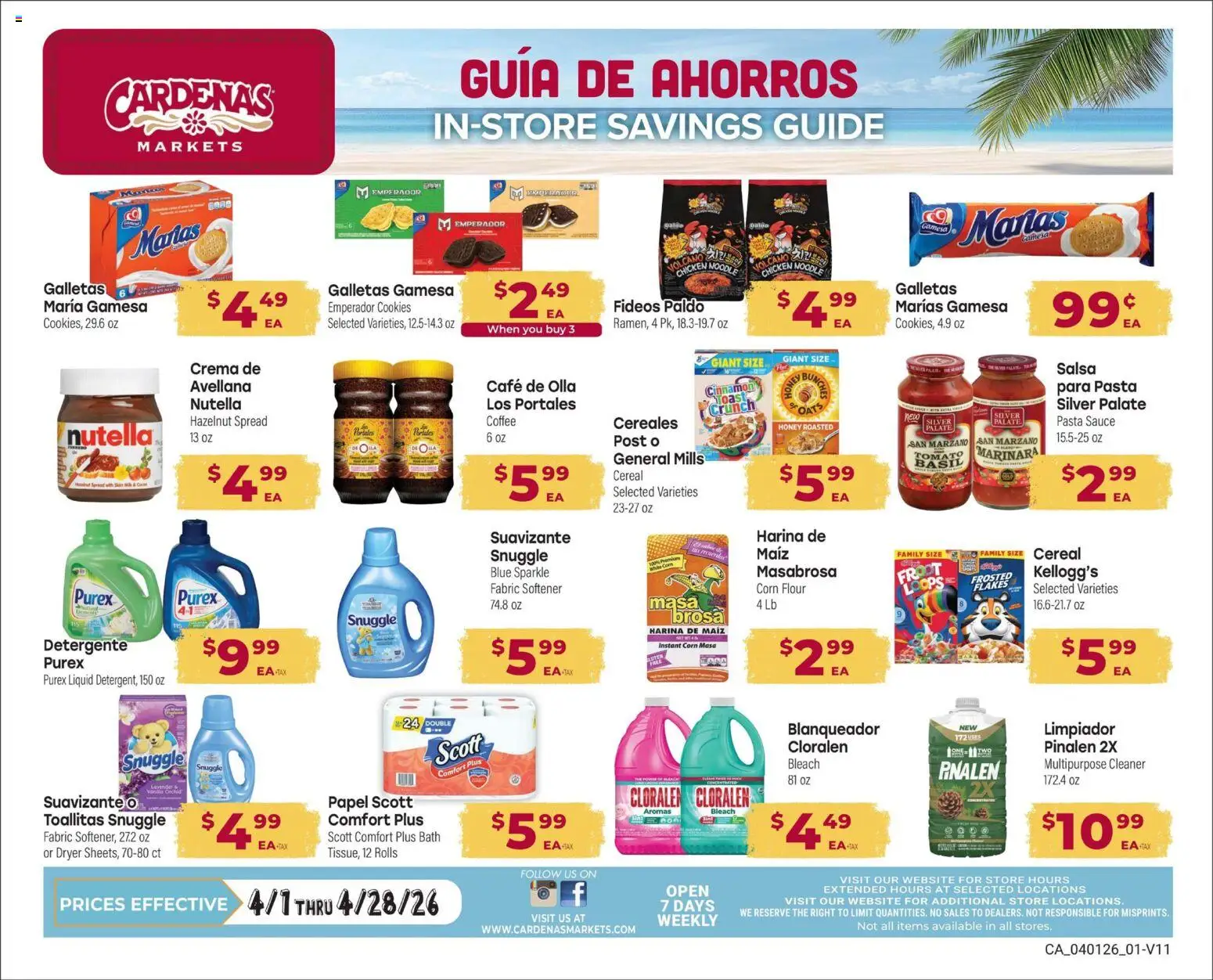 Cardenas Monthly Ad - valid from 01.04.2026 | Page: 1 | Products: Bath, Pasta, Cookies, Dryer