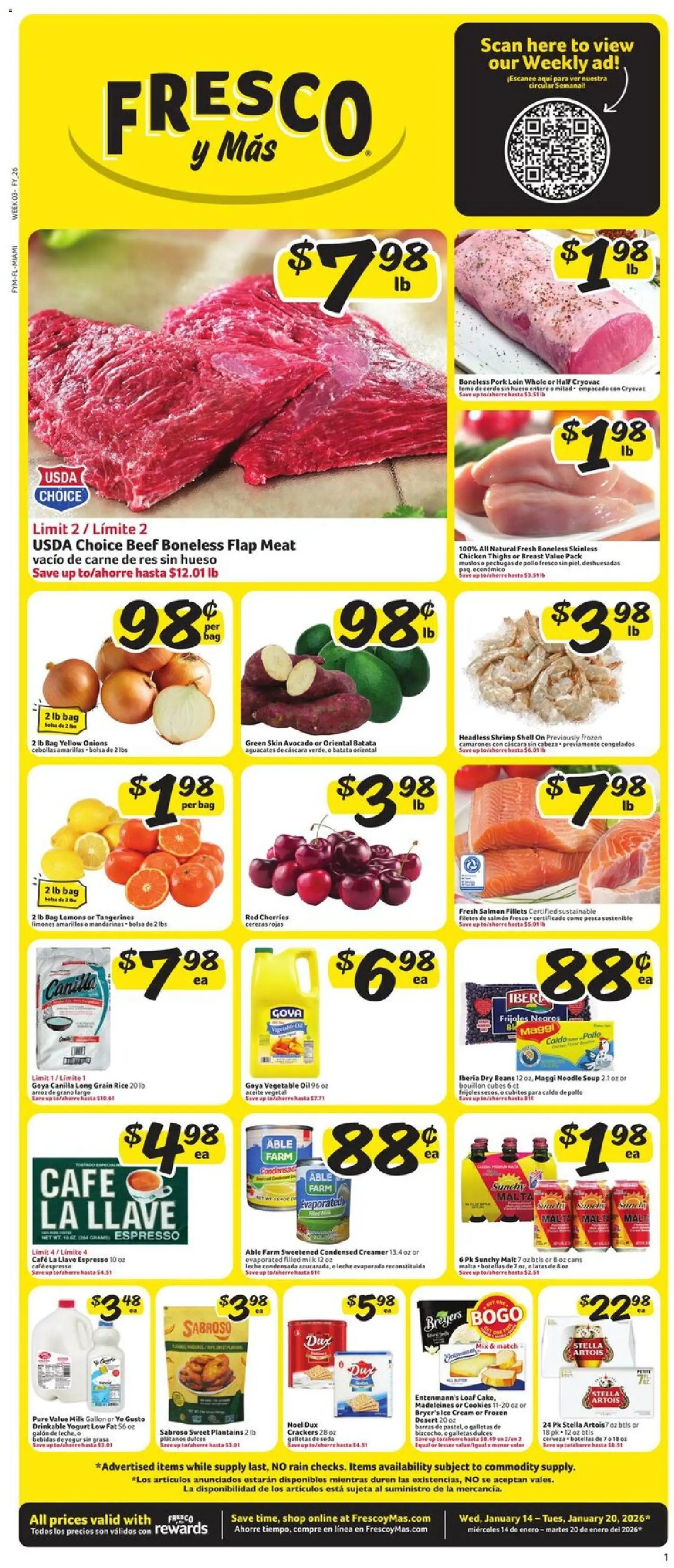 Fresco y Más Weekly Ad - valid from 14.01.2026 | Page: 1 | Products: Yogurt, Oil, Rice, Beef