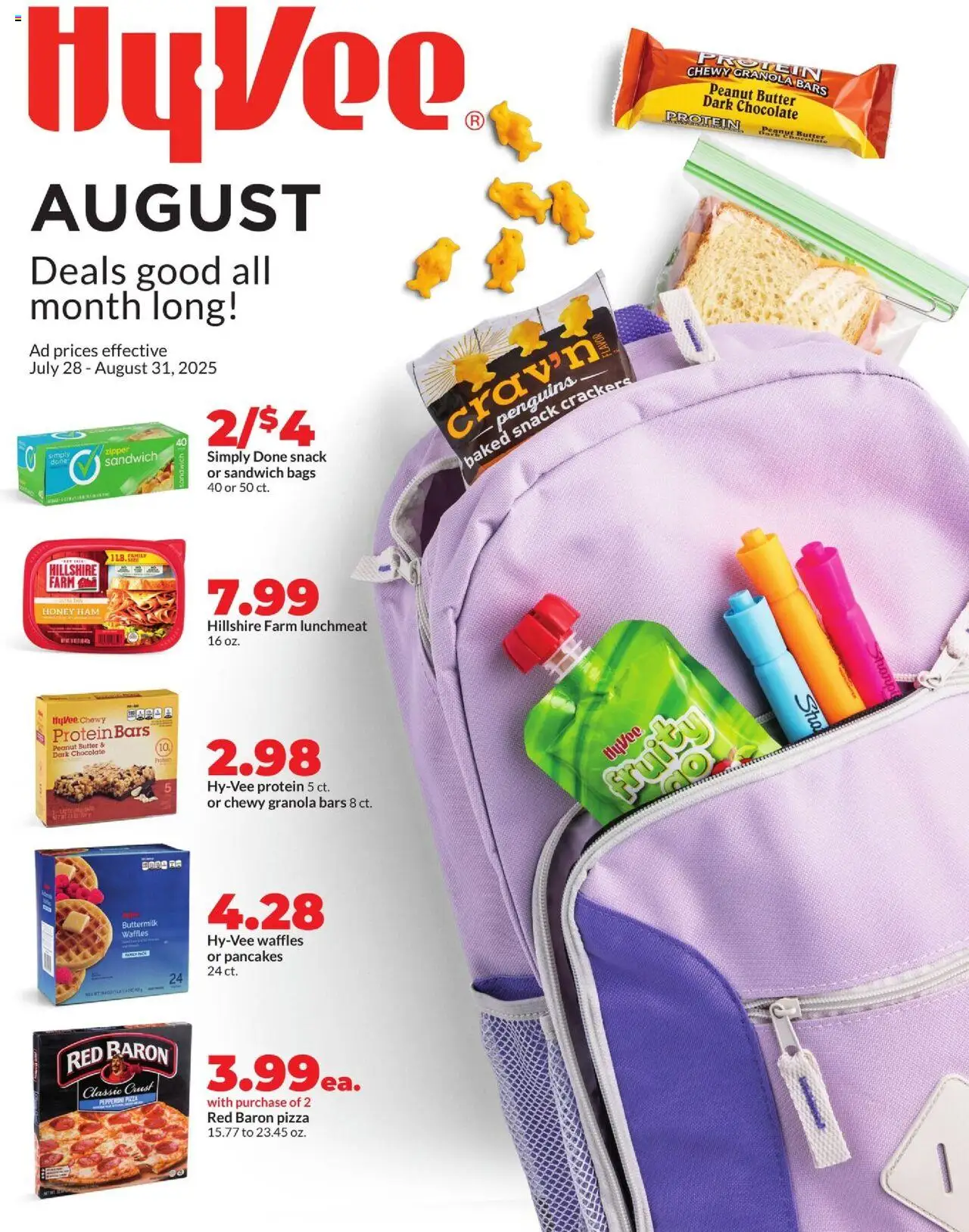 HyVee Monthly Ad - valid from 28.07.2025 | Page: 1 | Products: Butter, Chocolate, Ham, Pizza
