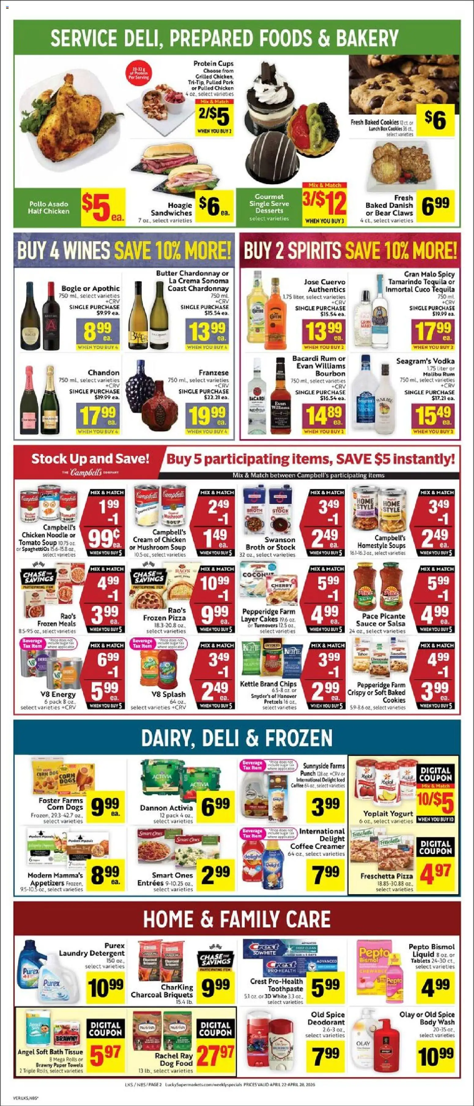 Lucky Supermarkets Weekly - CA - valid from 22.04.2026 | Page: 2 | Products: Box, Yogurt, Pizza, Bourbon