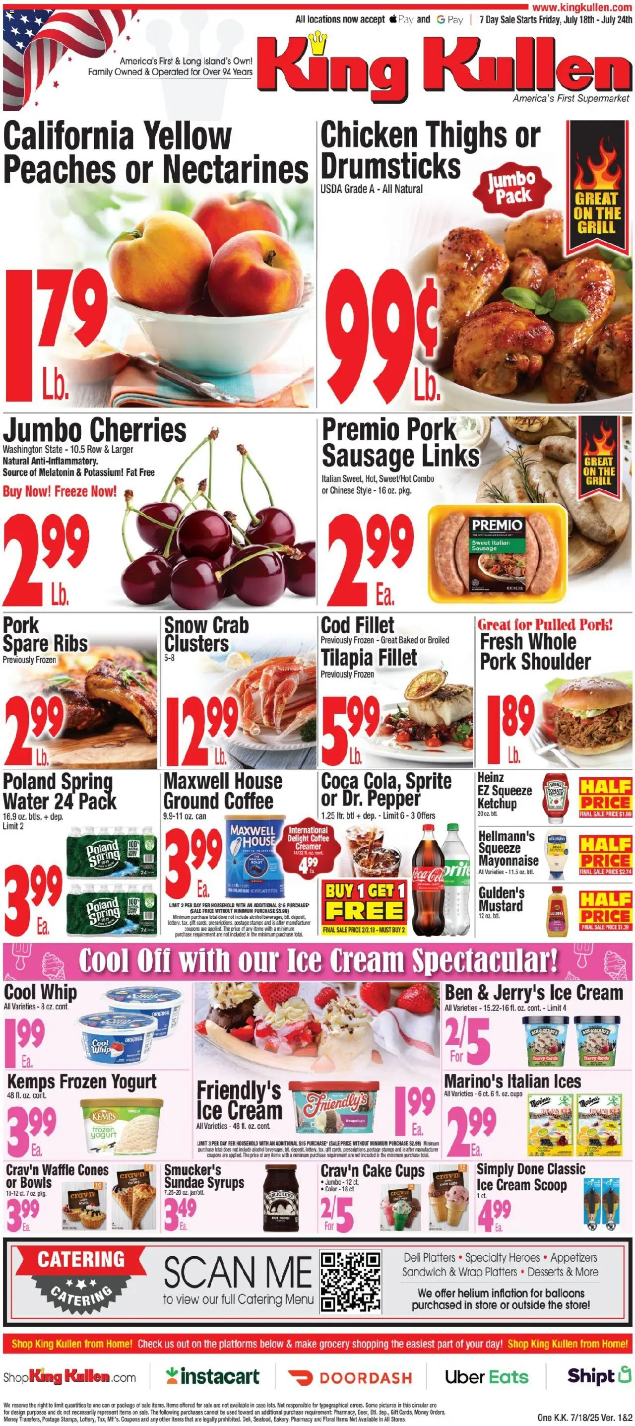 King Kullen Weekly Ad - valid from 18.07.2025 | Page: 1 | Products: Melatonin, Peaches, Mayonnaise, Pepper