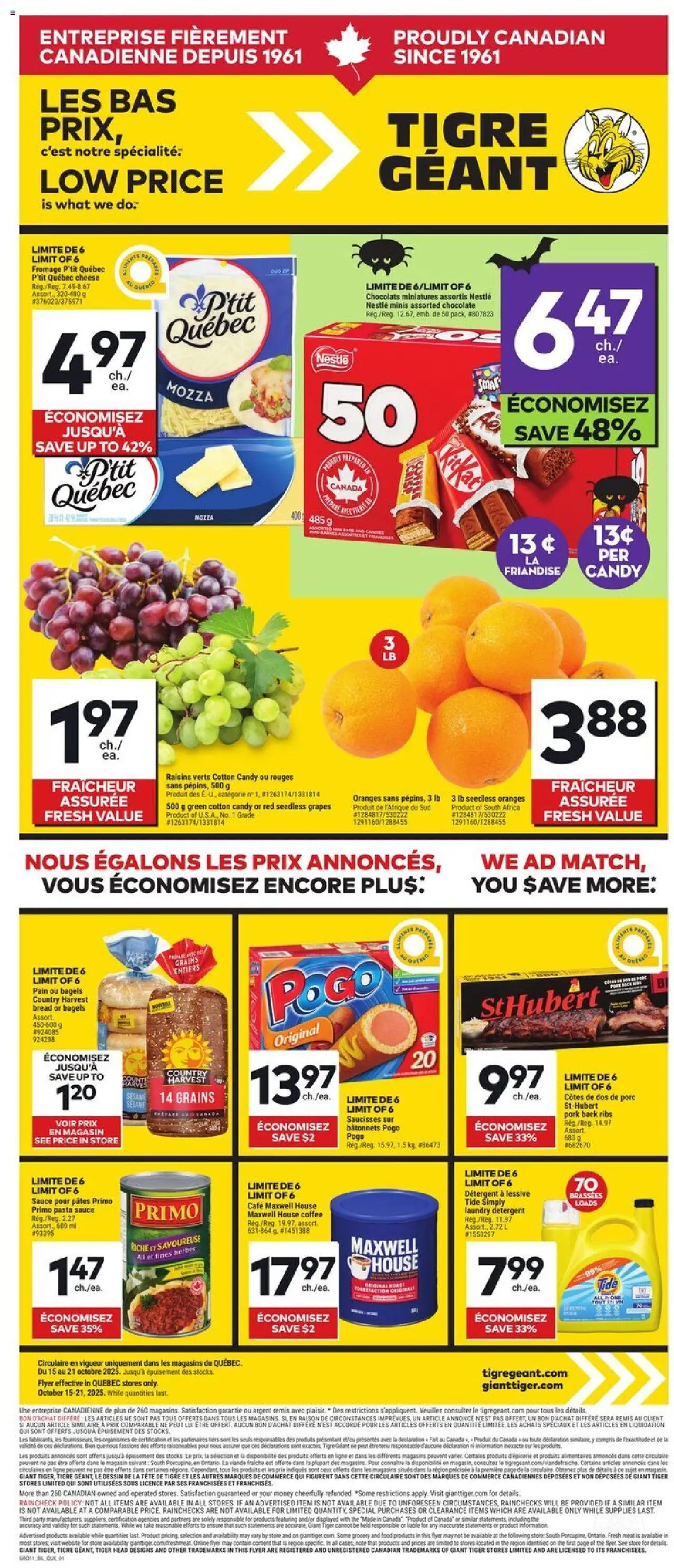 Giant Tiger flyer valid from 15.10.2025 | Page: 1 | Products: Bread, Chocolate, Pork, Oranges