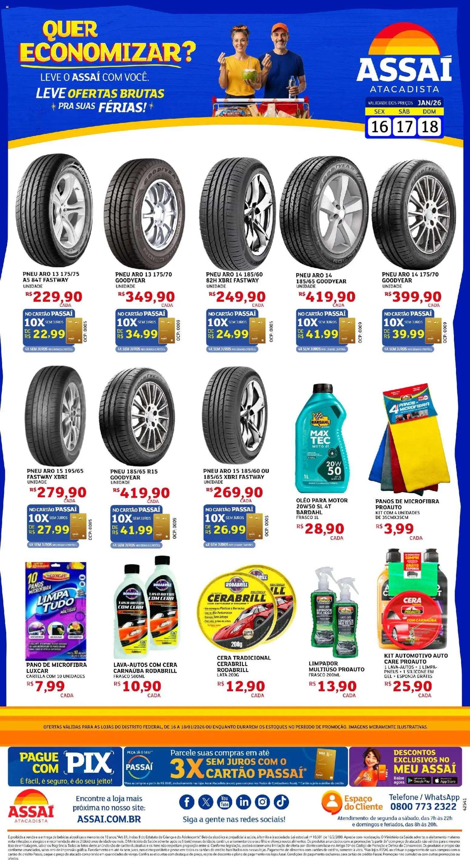 Assaí Atacadista Folheto - válido de 16.01.2026 | Página: 1 | Produtos: Pneu, Pneu 185/65 r15, Cera, Telefone