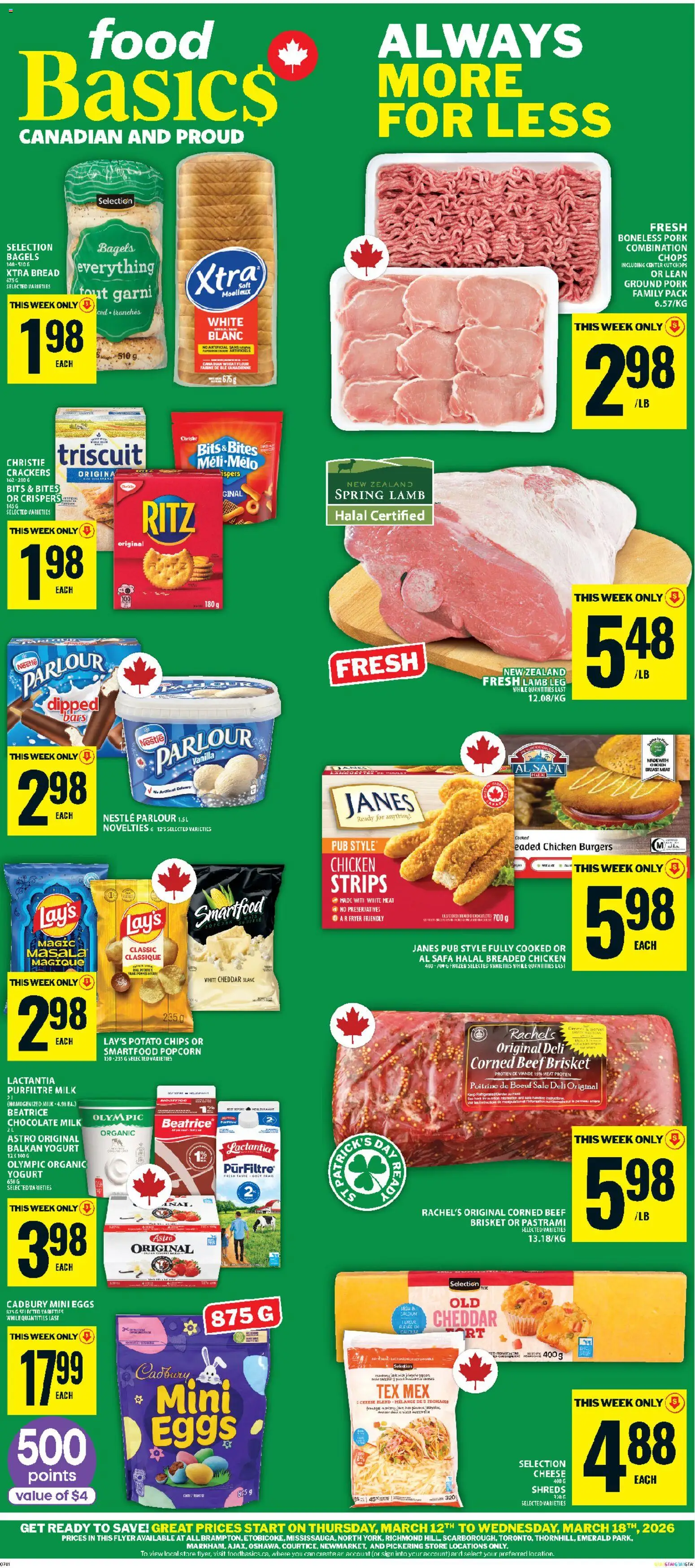 Food Basics flyer valid from 12.03.2026 | Page: 1 | Products: Chips, Milk, Chocolate, Pork