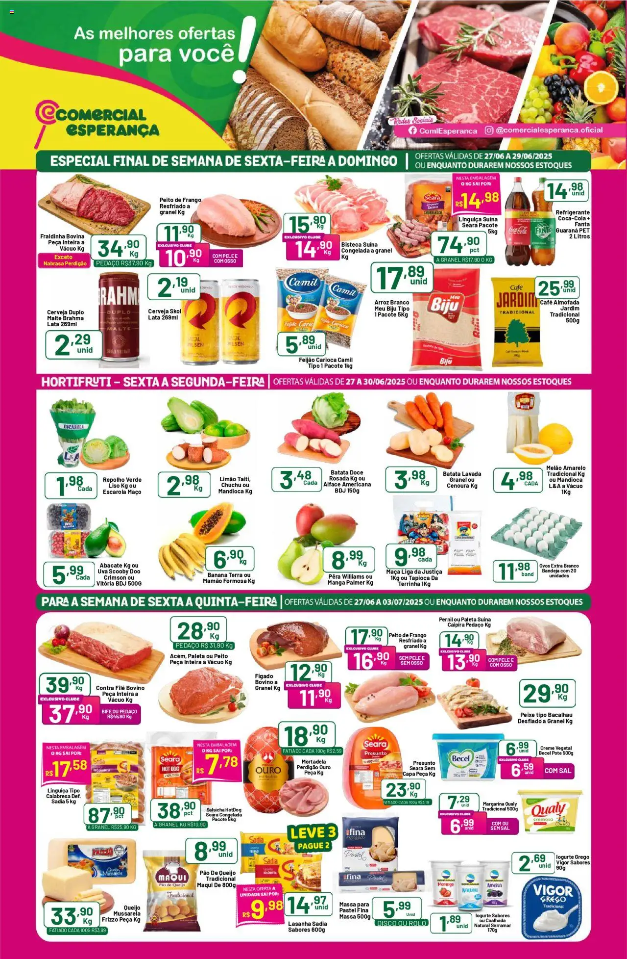 Comercial Esperança Folheto - válido de 27.06.2025 | Página: 1 | Produtos: Mandioca, Bacalhau, Salsicha, Massa