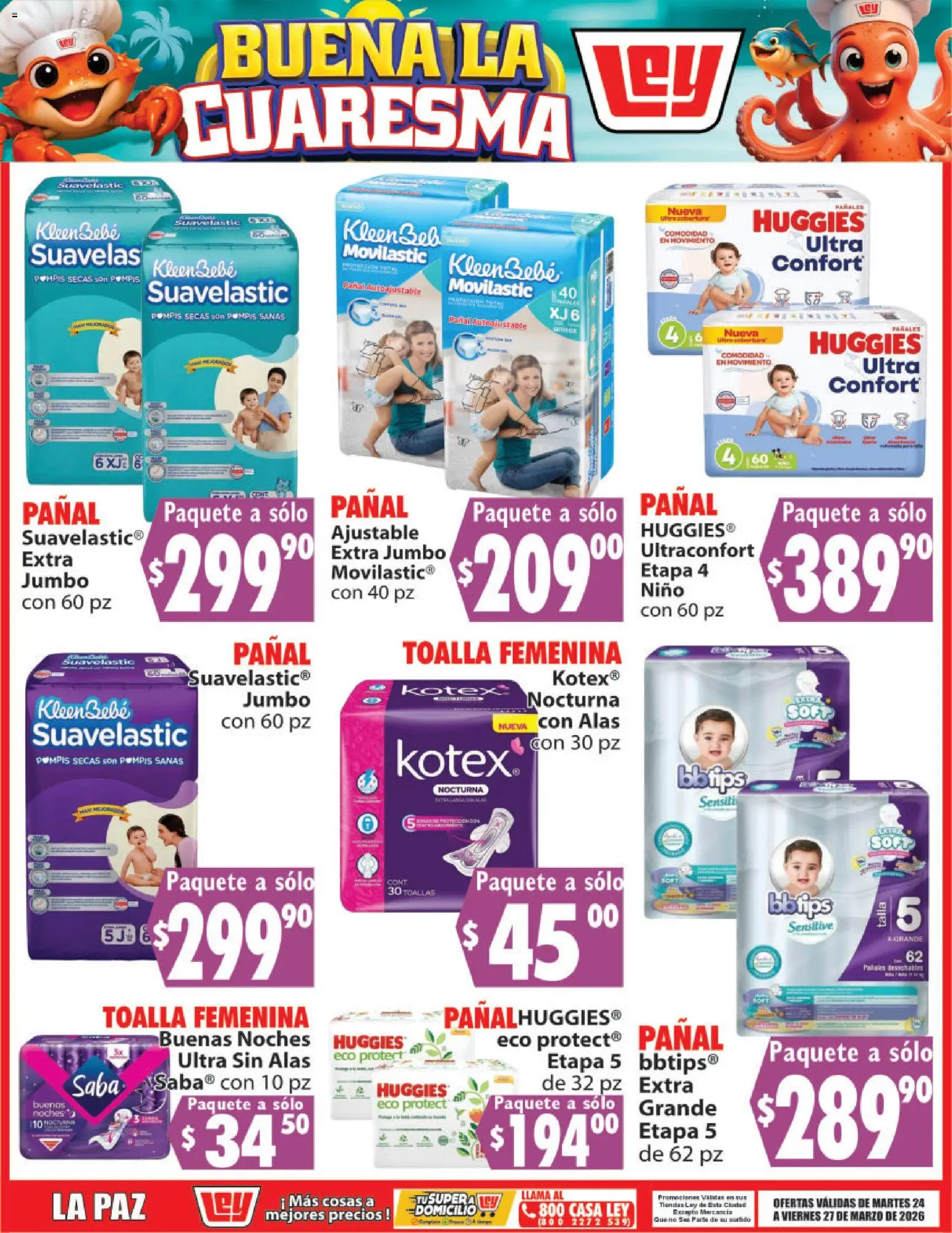 Nuevas ofertas de Casa Ley válidas en toda la República Mexicana desde el 24.03.2026. ¡Encuentra las mejores ofertas en Casa Ley folleto Buena la Cuaresma! | Página: 11 | Productos: Pañales, Toalla, Toallas