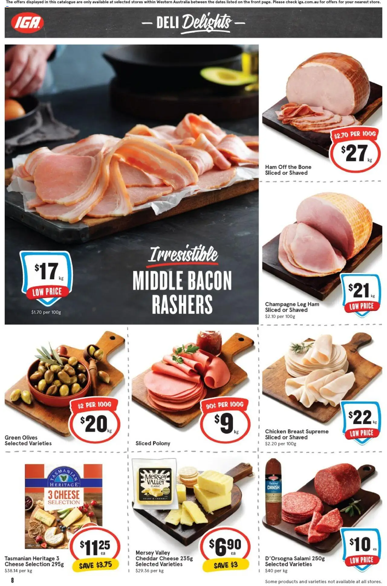IGA catalogue - valid from 06.08.2025 | Page: 8 | Products: Bacon, Cheese, Chicken, Olives