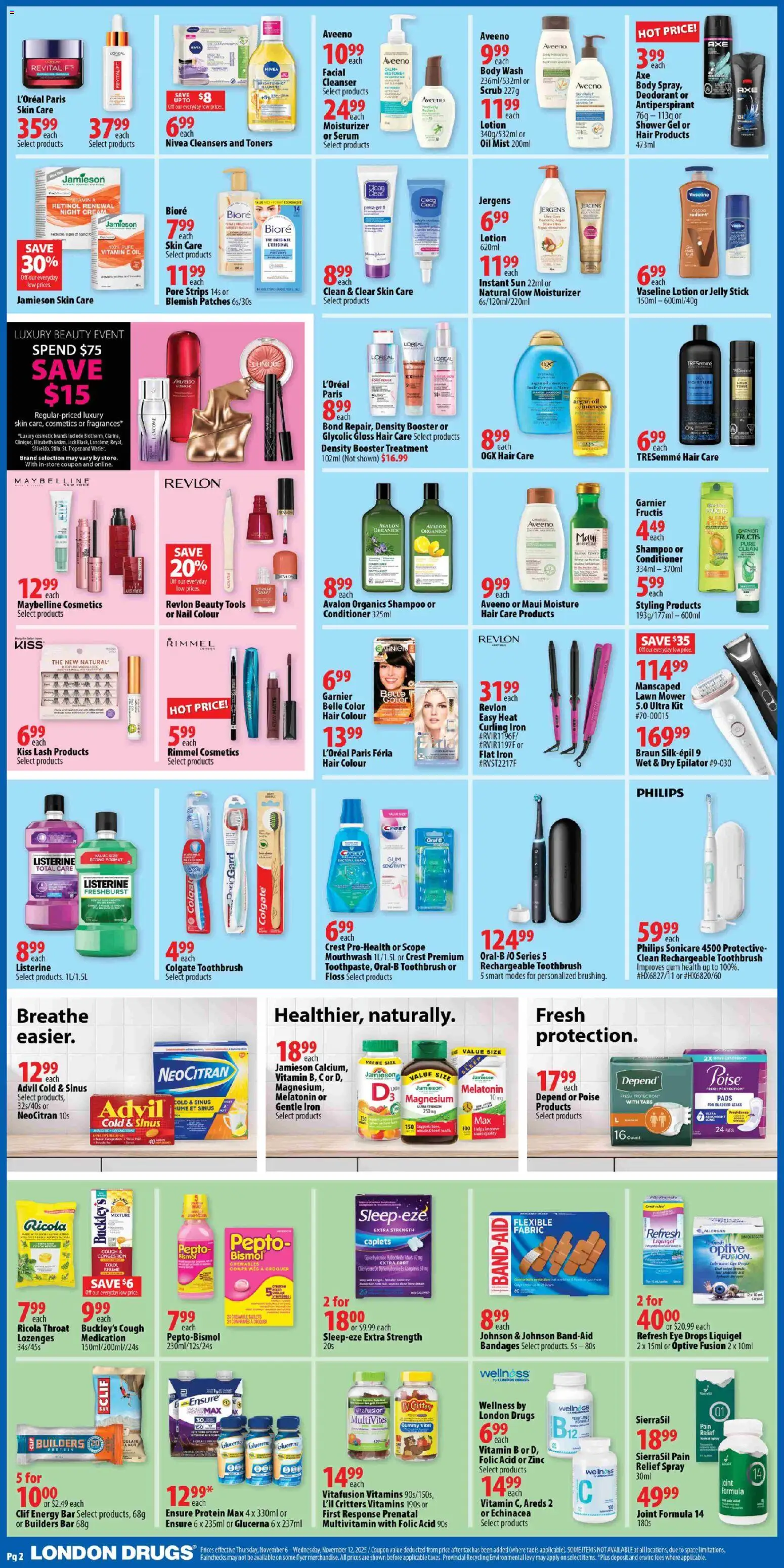 London Drugs flyer valid from 06.11.2025 | Page: 3 | Products: Cream, Iron, Shampoo, Antiperspirant
