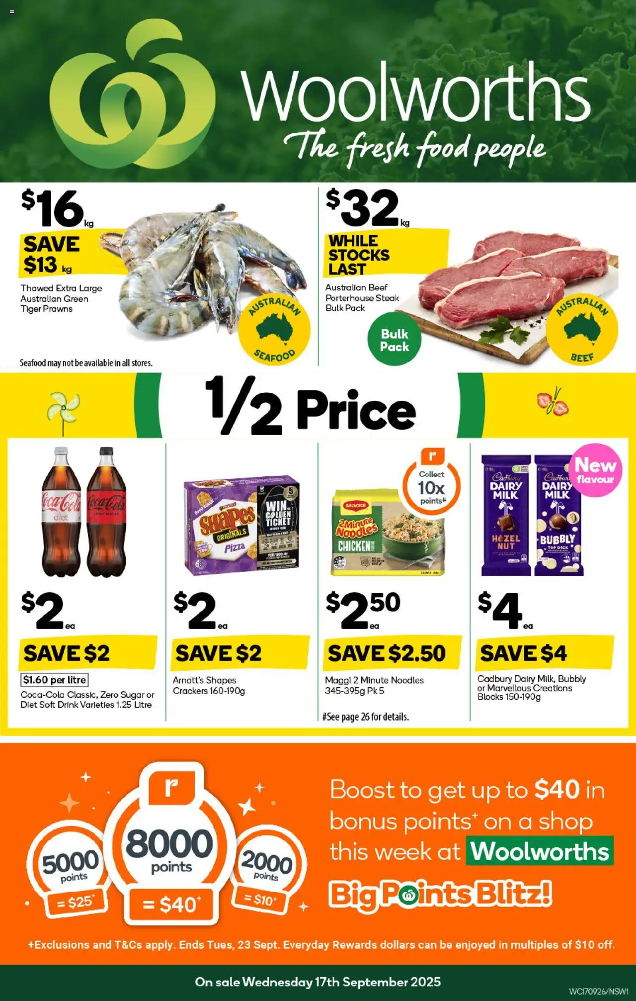Woolworths catalogue - valid from 17.09.2025 | Page: 1 | Products: Crackers, Milk, Beef, Seafood