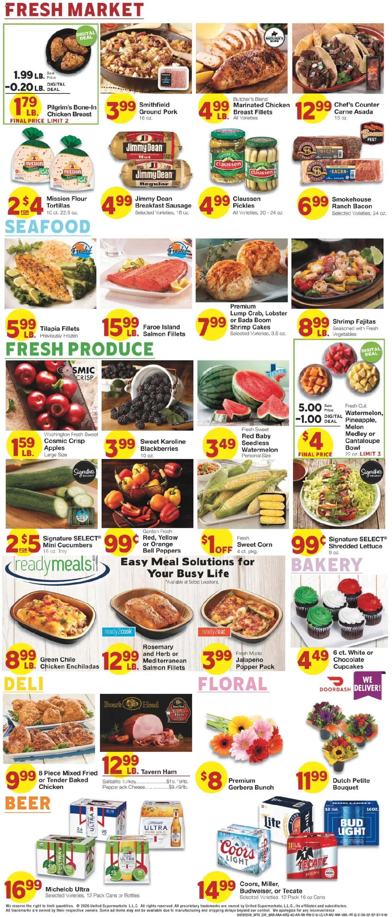 United Supermarkets Weekly Ad - valid from 28.04.2026 | Page: 6 | Products: Bakery, Corn, Beer, Melon