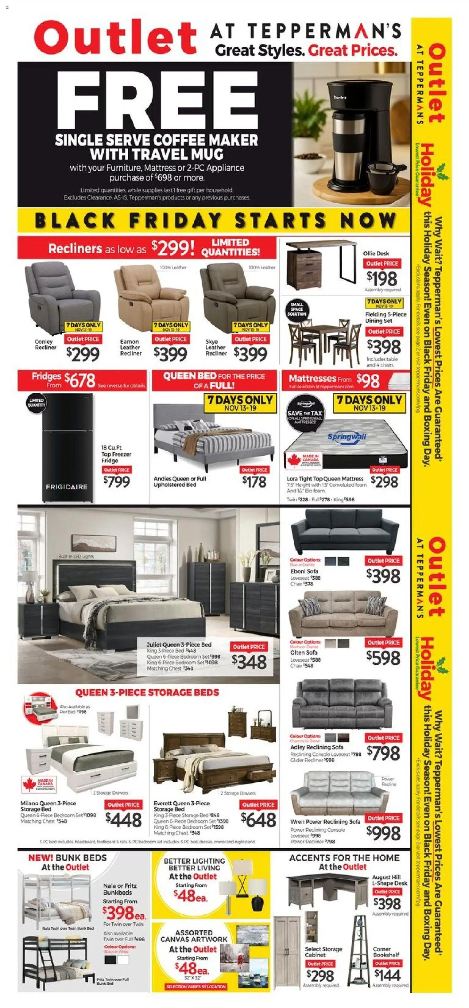 Tepperman's flyer valid from 13.11.2025 | Page: 1 | Products: Coffee maker, Mattress, Sofa, Chair