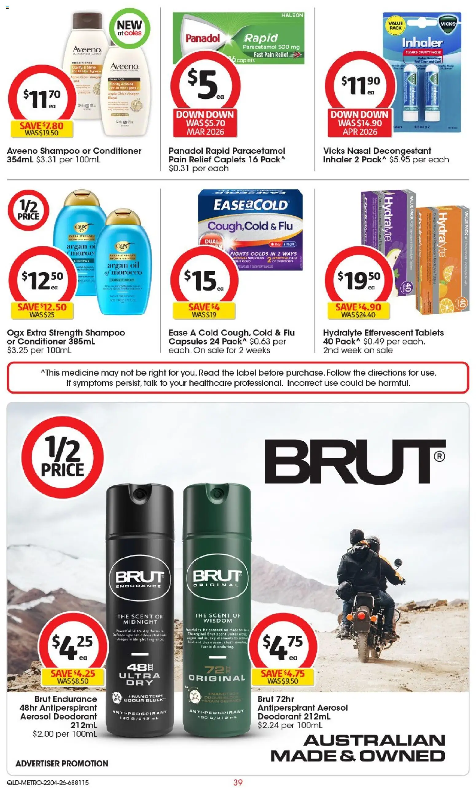 Coles catalogue - valid from 22.04.2026 | Page: 39 | Products: Shampoo, Deodorant, Antiperspirant, Pain relief