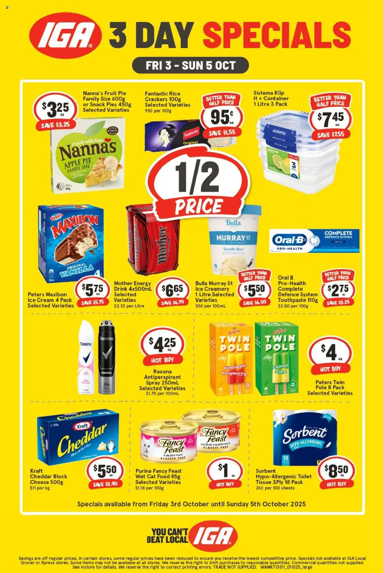 IGA catalogue - valid from 03.10.2025 | Page: 1 | Products: Chicken, Antiperspirant, Salmon, Pies