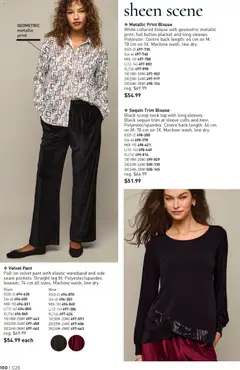 Preview of Metallic Print Blouse, White collared blouse with geometric metallic print, full button placket and long sleeves. Polyester. Centre back length: 66 cm on M; 70 cm on 1X. Machine wash, line dry. from shop Avon valid from 04.12.2025 | Page: 150 | Products: Blouse, Pants, Wine