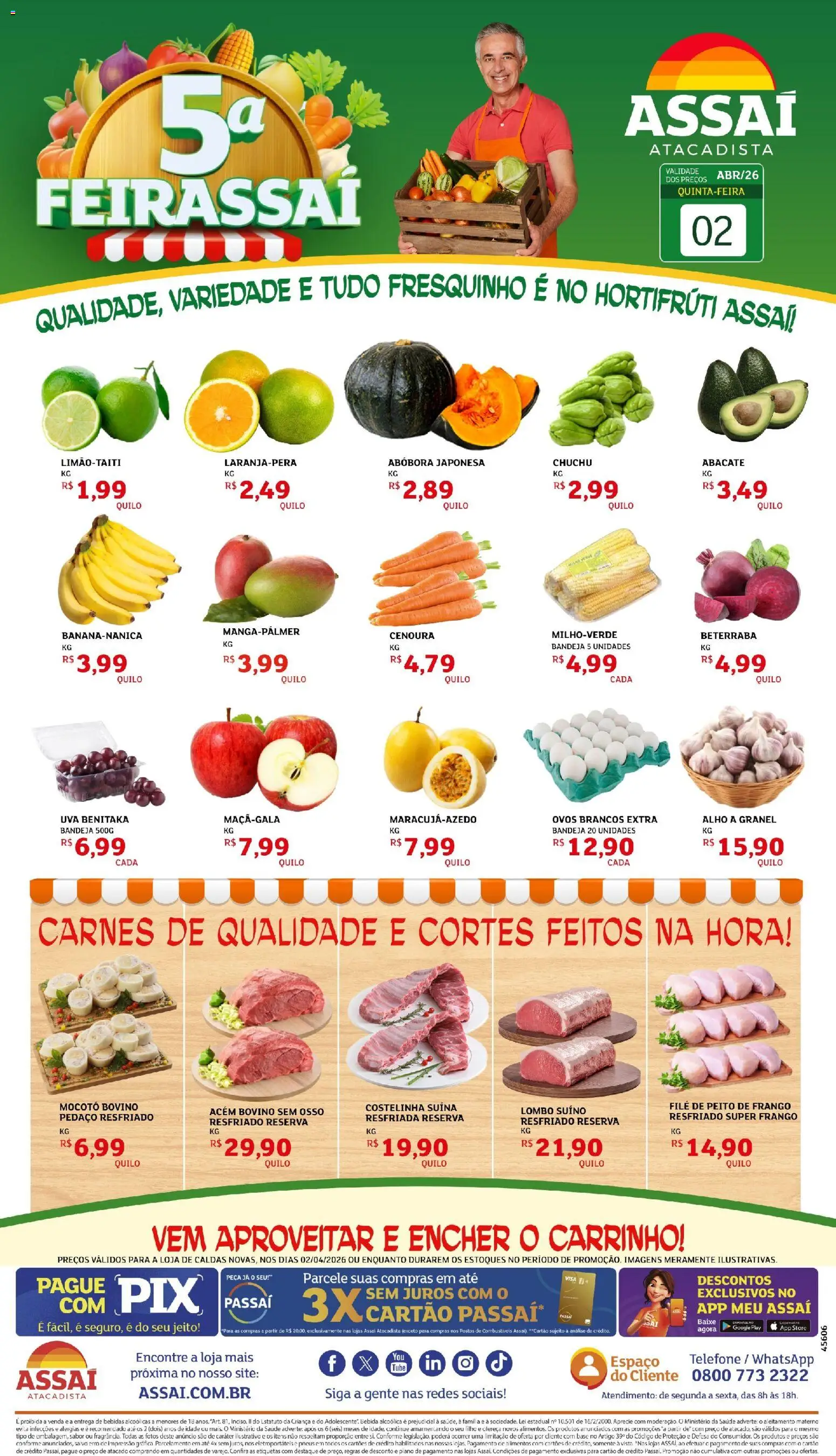 Assaí Atacadista Folheto - válido de 02.04.2026 | Página: 1 | Produtos: Chuchu, Abóbora, Alho, Peito de frango