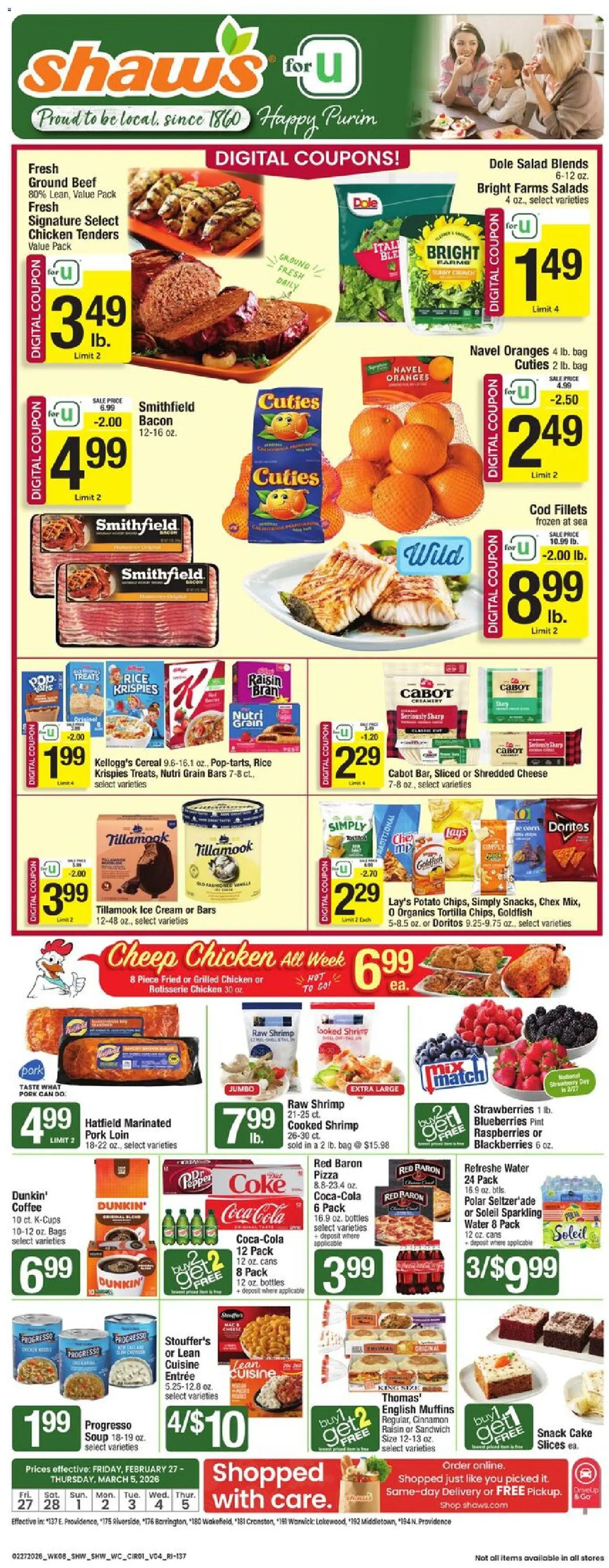 Shaw's Weekly Ad - RI - valid from 27.02.2026 | Page: 1 | Products: Cheese, Pizza, Pork, Strawberries