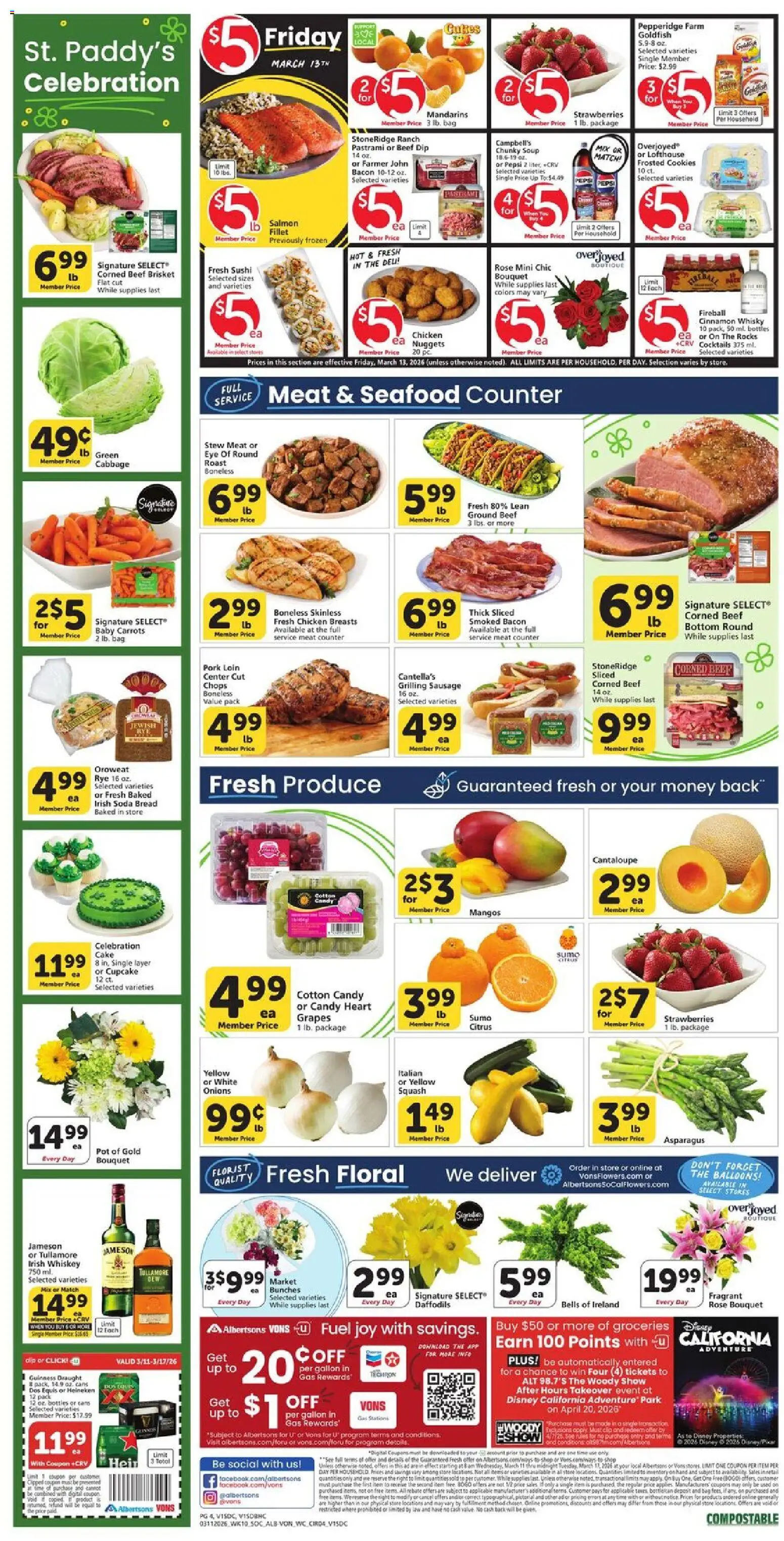 Vons Weekly Ad - valid from 11.03.2026 | Page: 3 | Products: Bread, Strawberries, Whiskey, Bag