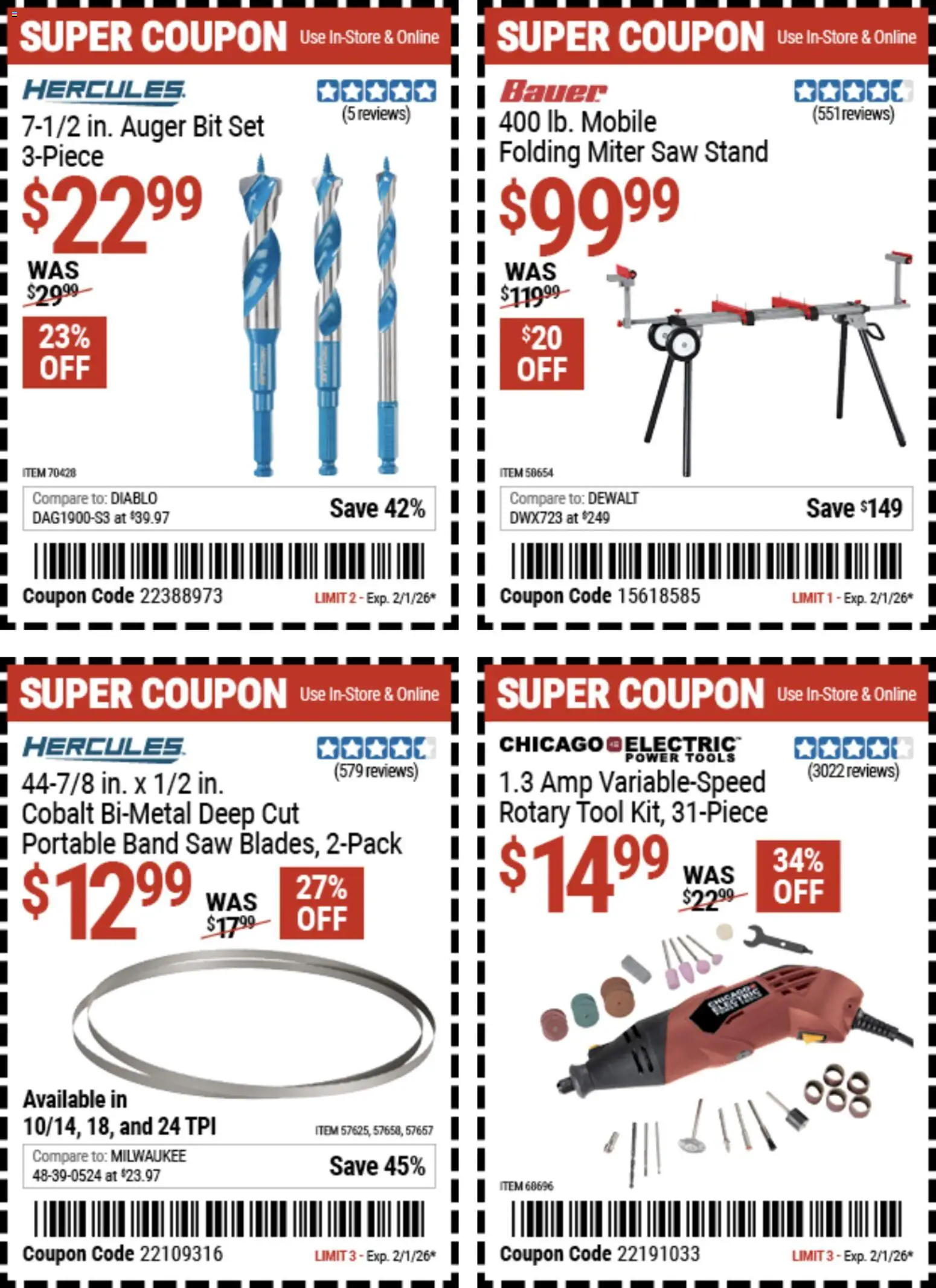 Harbor Freight Weekly Ad - valid from 20.01.2026 | Page: 2 | Products: Saw, Rotary Tool, Band Saw, Miter Saw