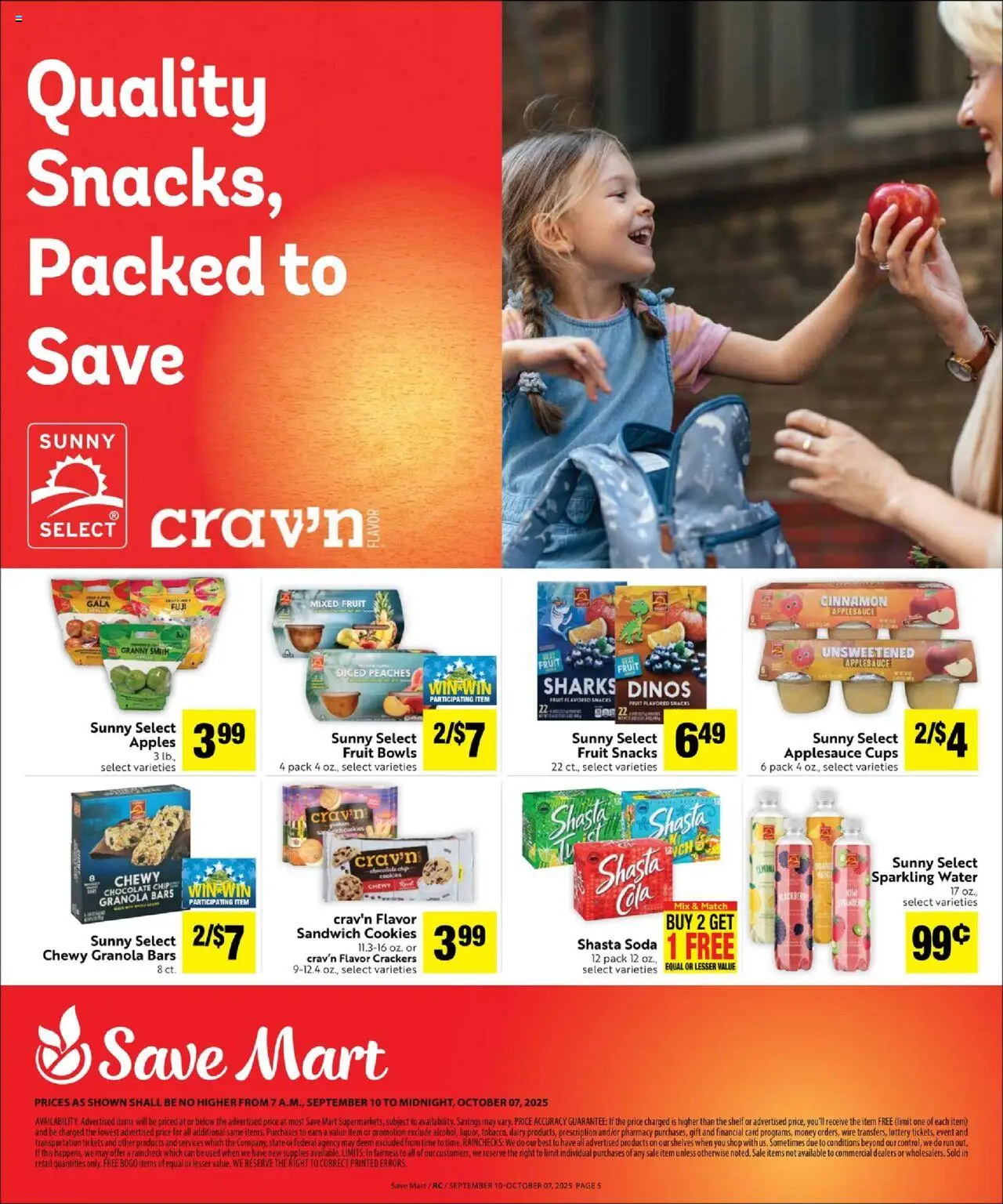 Save Mart Save Even More - valid from 10.09.2025 | Page: 5 | Products: Peaches, Shelf, Apples, Water