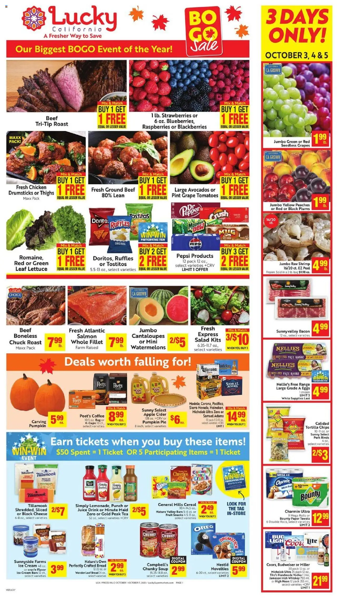 Lucky Supermarkets Weekly Ad - valid from 01.10.2025 | Page: 1 | Products: Cider, Cantaloupes, Tea, Grapes