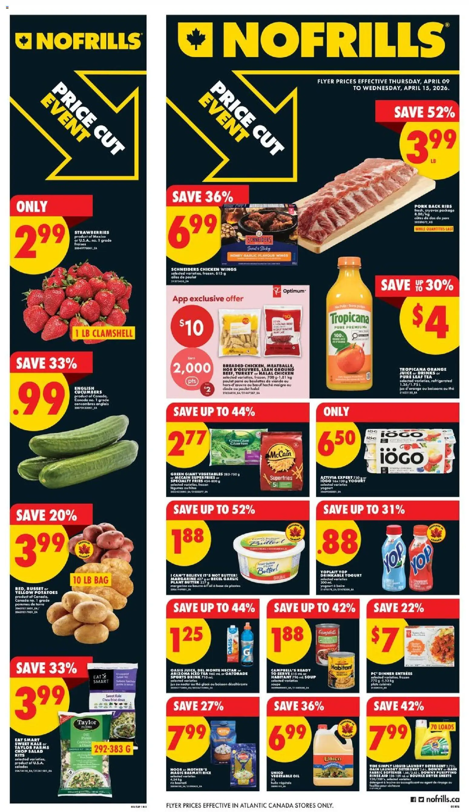 No Frills flyer valid from 09.04.2026 | Page: 1 | Products: Strawberries, Dryer, Fabric softener, Oil