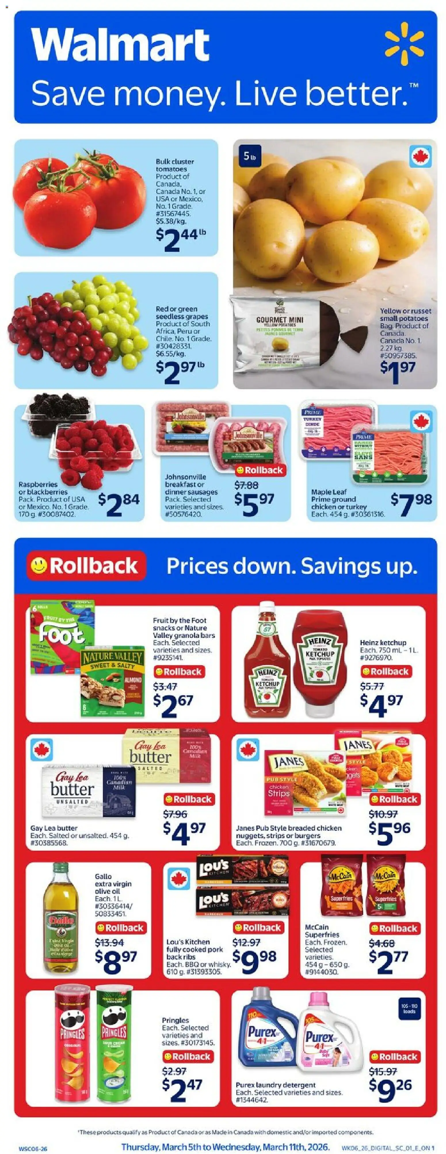 Walmart flyer valid from 05.03.2026 | Page: 1 | Products: Potatoes, Butter, Oil, Tomatoes