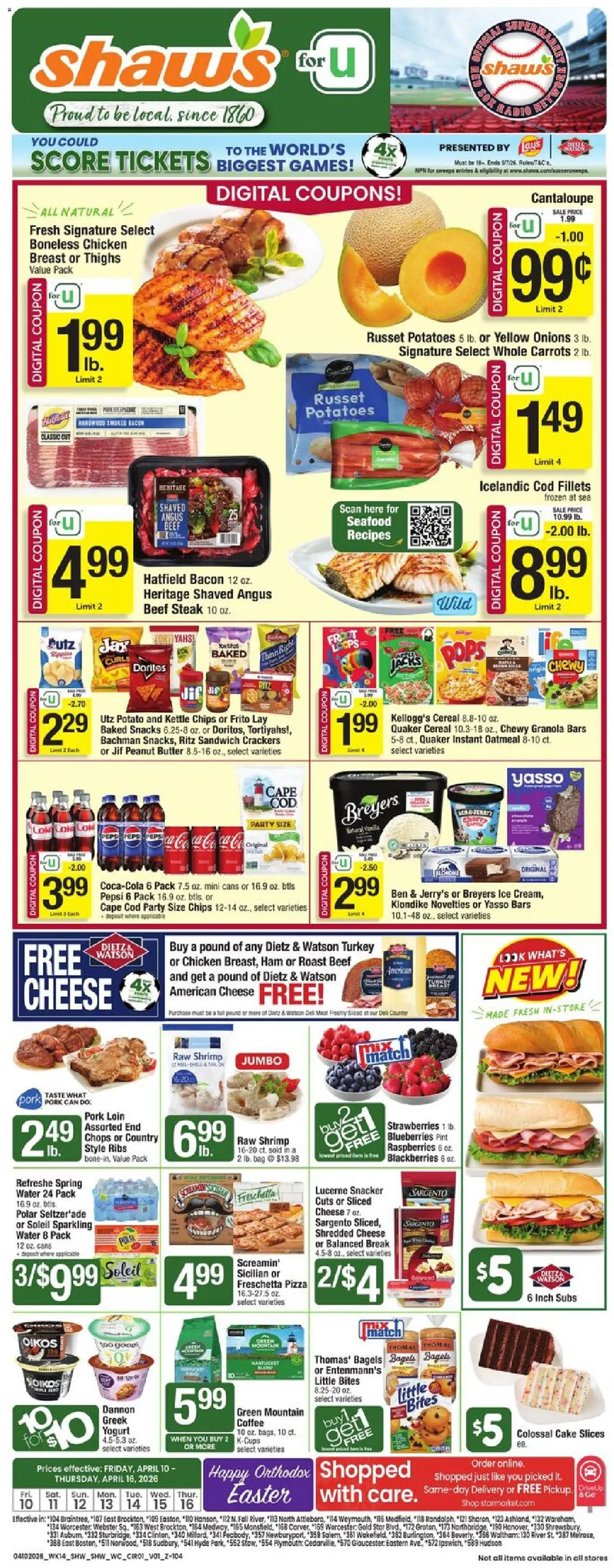 Shaw's Weekly Ad - valid from 10.04.2026 | Page: 1 | Products: Butter, Cheese, Chips, Kettle