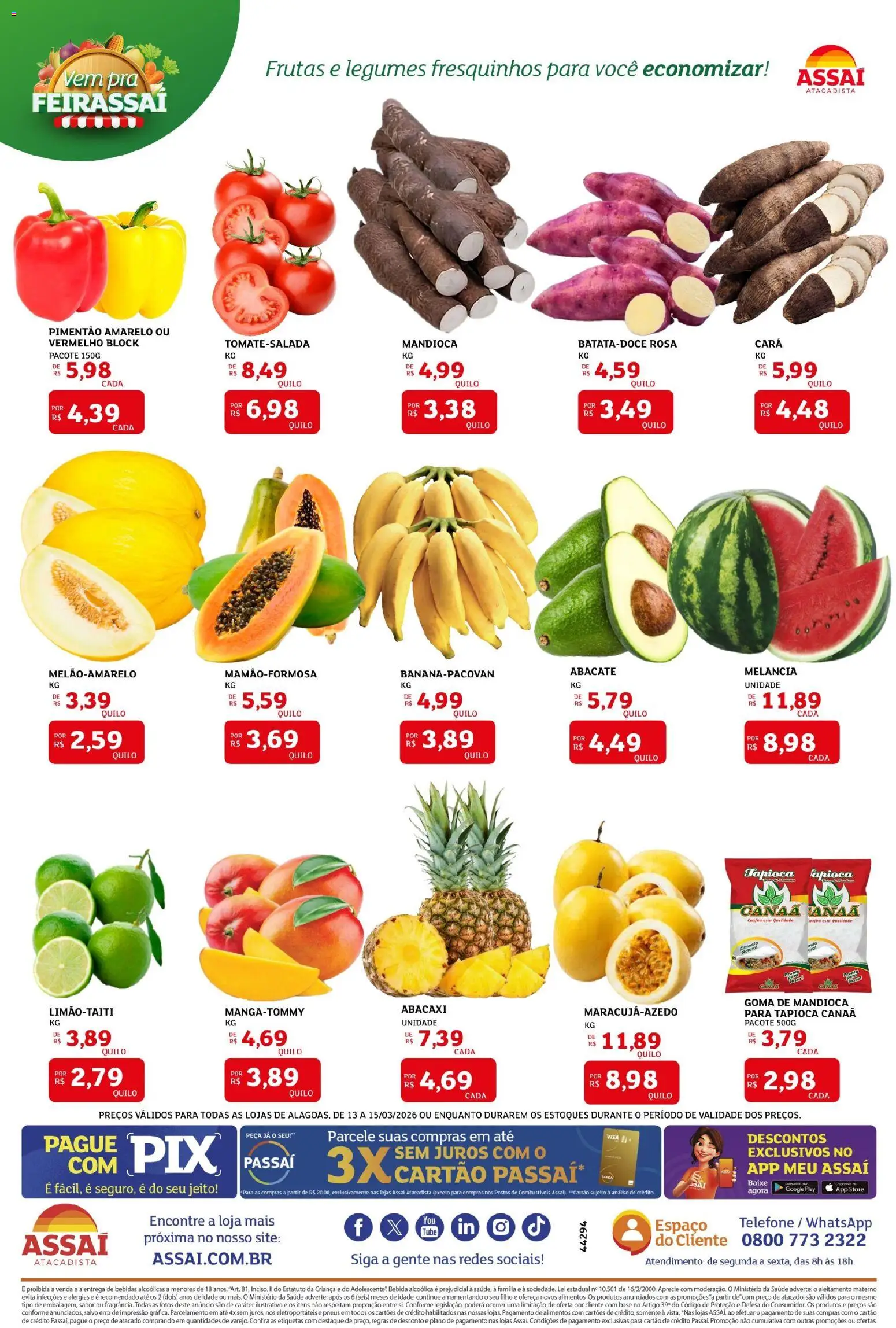 Assaí Atacadista Folheto - válido de 13.03.2026 | Página: 3 | Produtos: Melancia, Tapioca, Abacaxi, Telefone