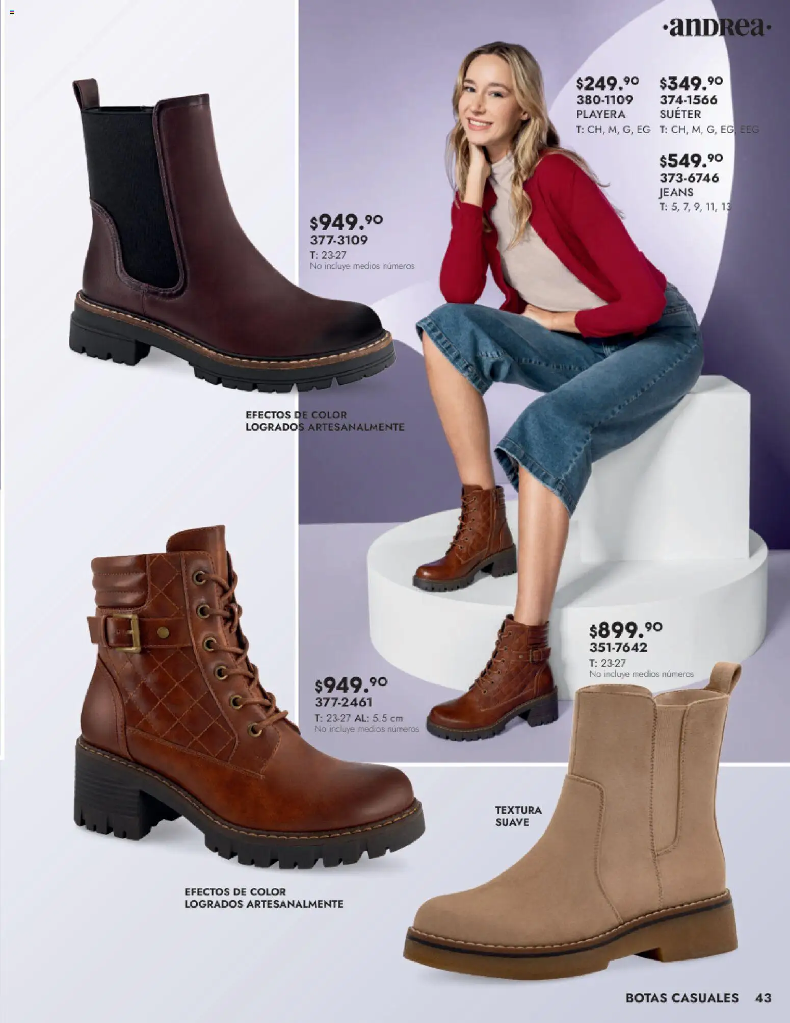 Nuevas ofertas de Andrea válidas en toda la República Mexicana desde el 24.08.2025. ¡Encuentra las mejores ofertas en Andrea - Catálogo Calzado Dama! | Página: 43 | Productos: Suéter, Botas, Playera