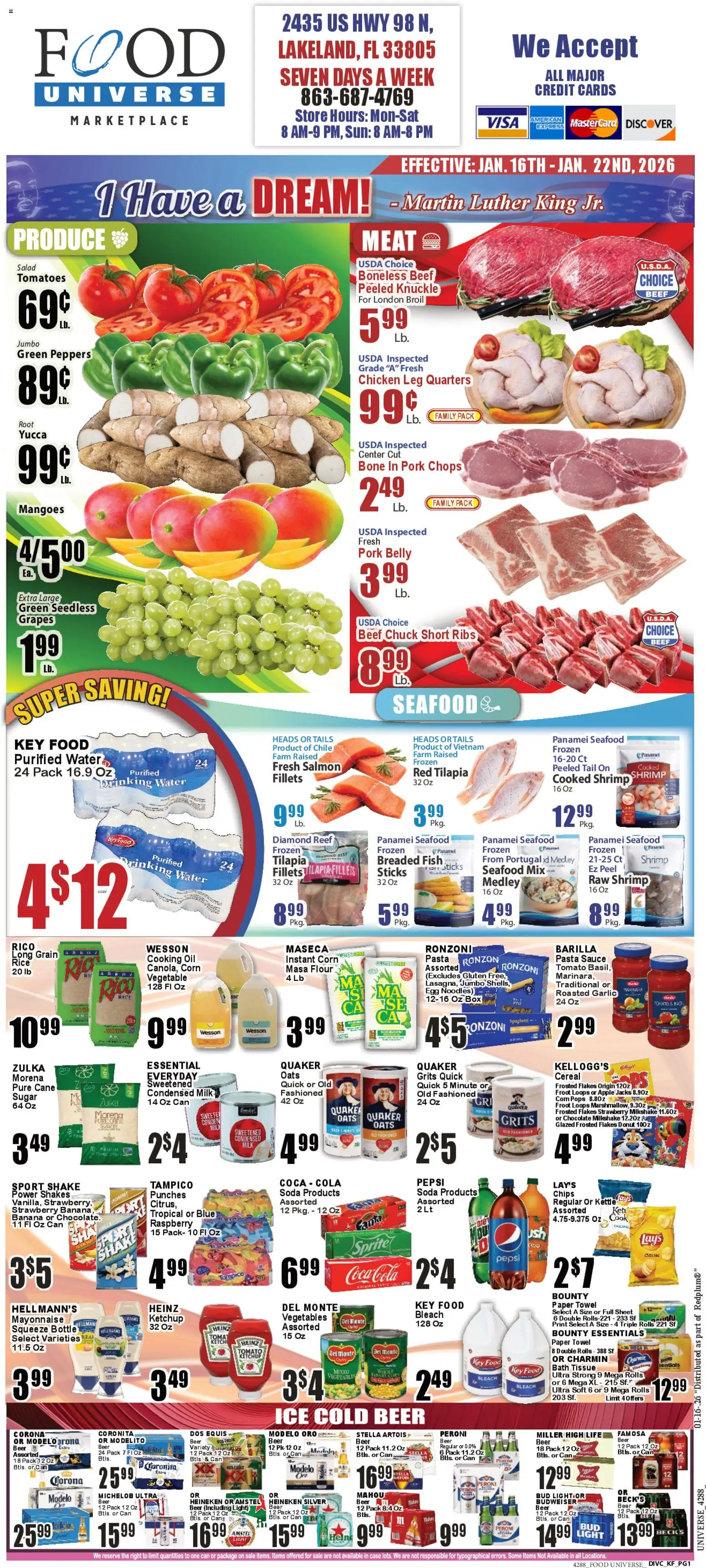 Food Universe Weekly Ad - valid from 16.01.2026 | Page: 1 | Products: Beer, Ketchup, Seafood, Case