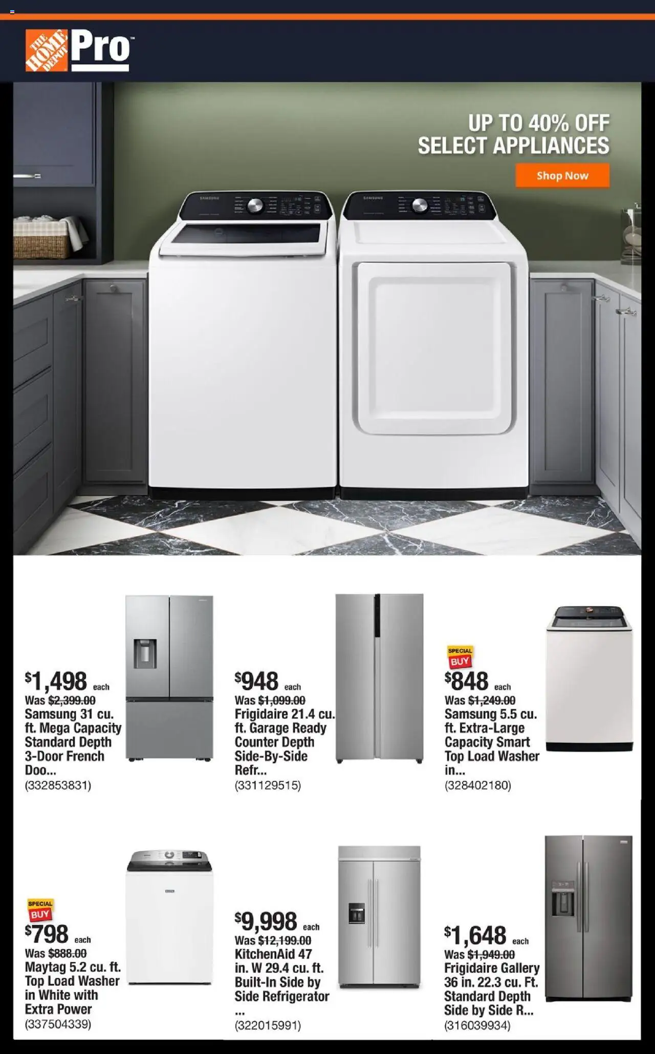 Home Depot Shop Pro Ad - FL - valid from 13.10.2025 | Page: 1 | Products: Washer, Refrigerator