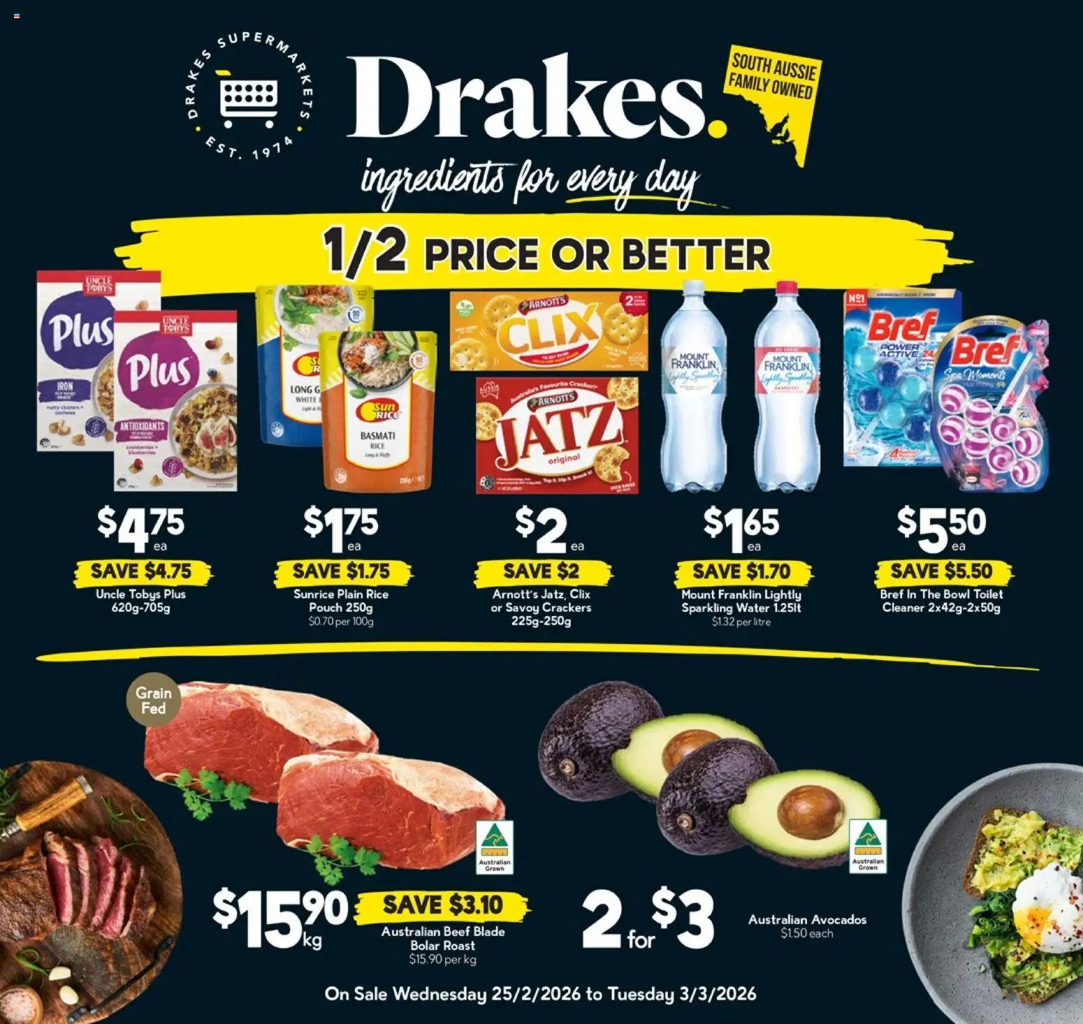 Drakes catalogue - valid from 25.02.2026 | Page: 1 | Products: Rice, Beef, Water, Iron