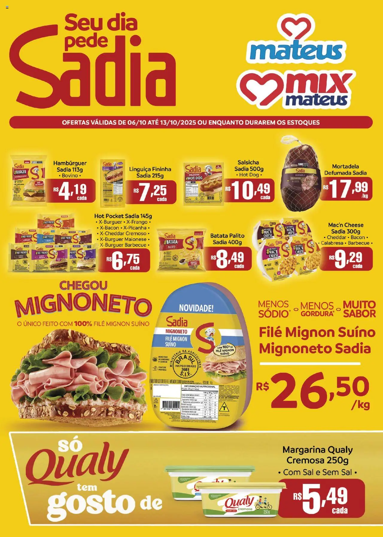 Mateus Folheto - válido de 06.10.2025 | Página: 1 | Produtos: Linguiça, Mortadela, Cheddar, Margarina