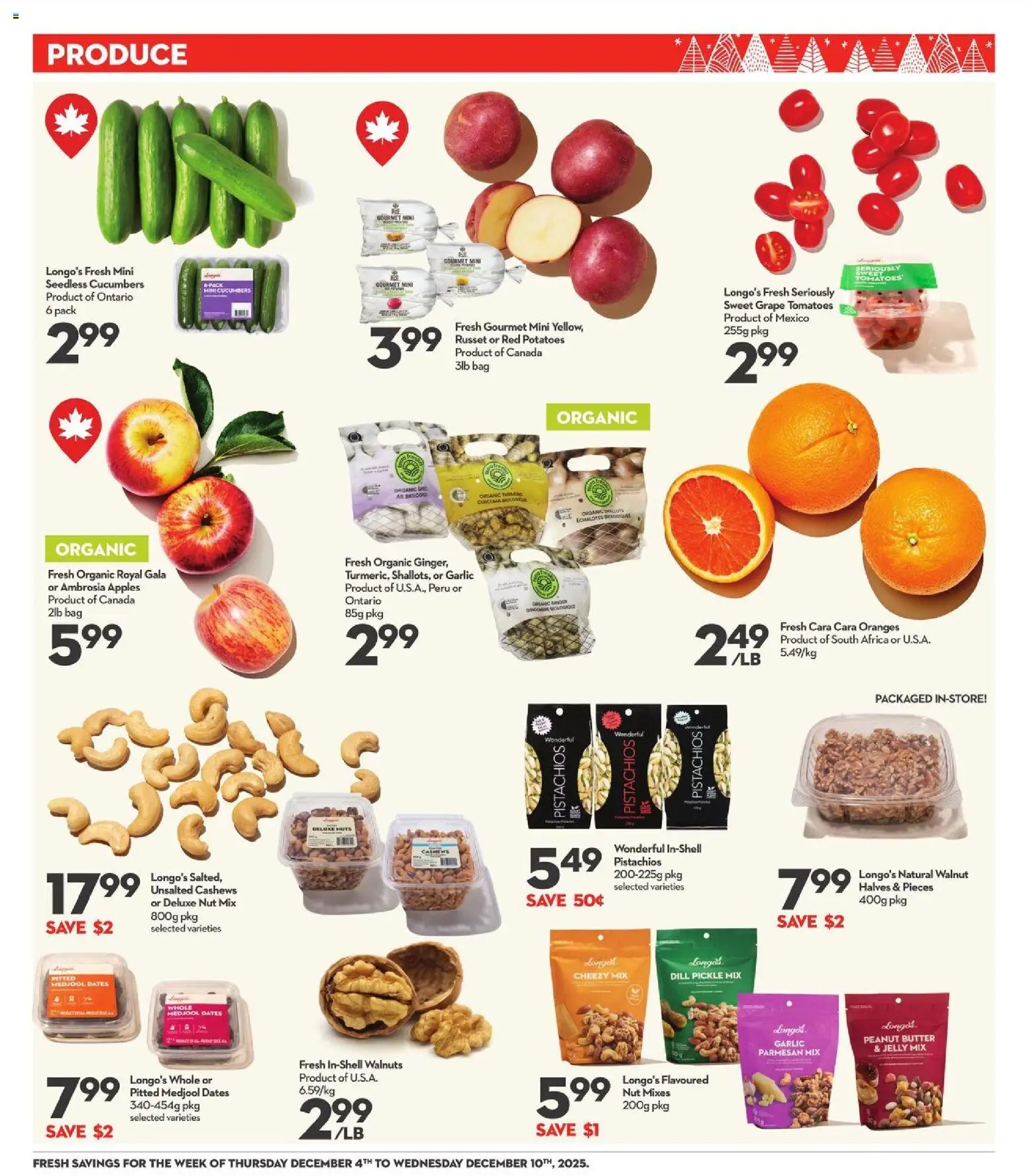 Longo's flyer valid from 04.12.2025 | Page: 5 | Products: Nuts, Cucumbers, Potatoes, Bag