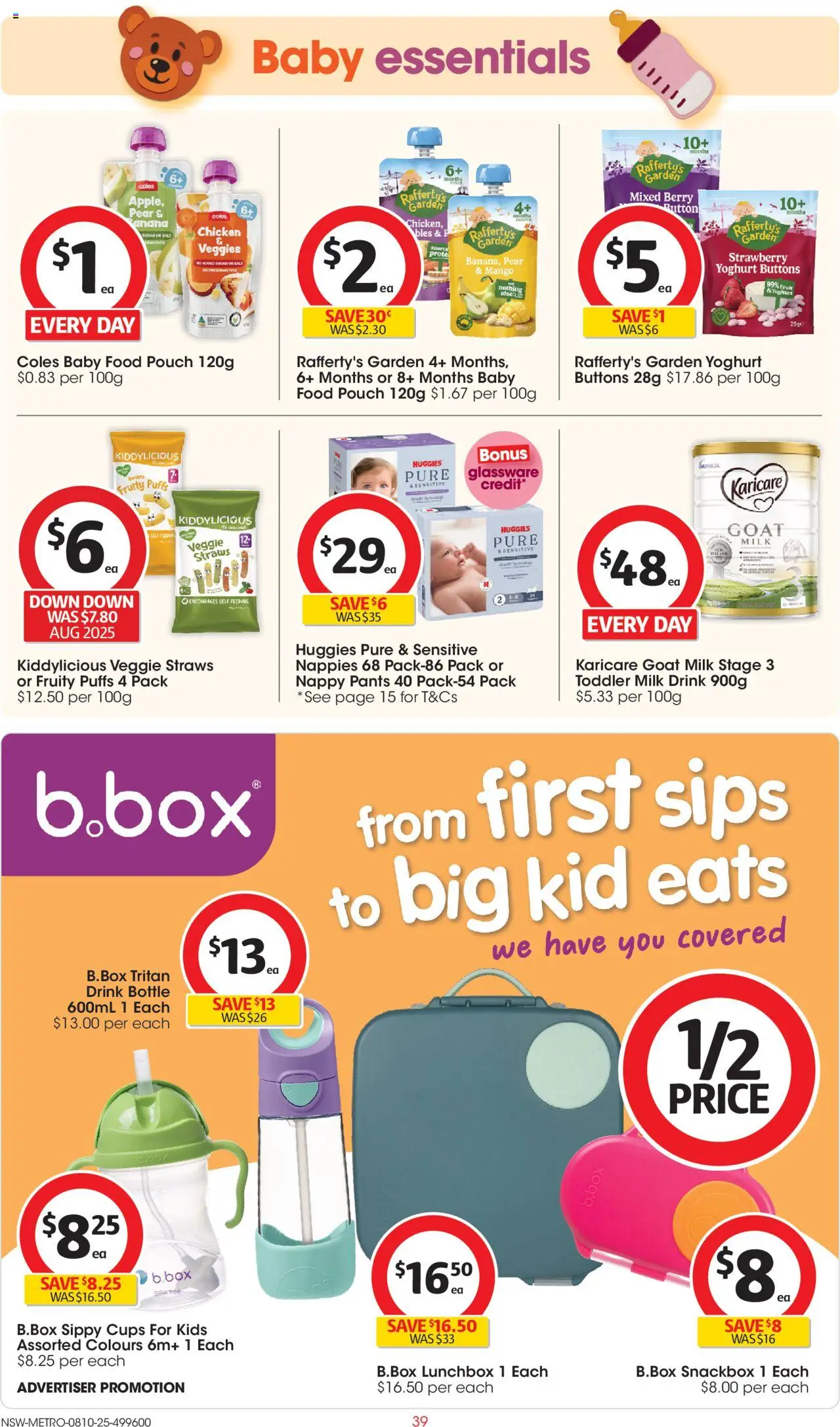 Coles catalogue - valid from 08.10.2025 | Page: 39 | Products: Yoghurt, Baby food, Pants, Straws